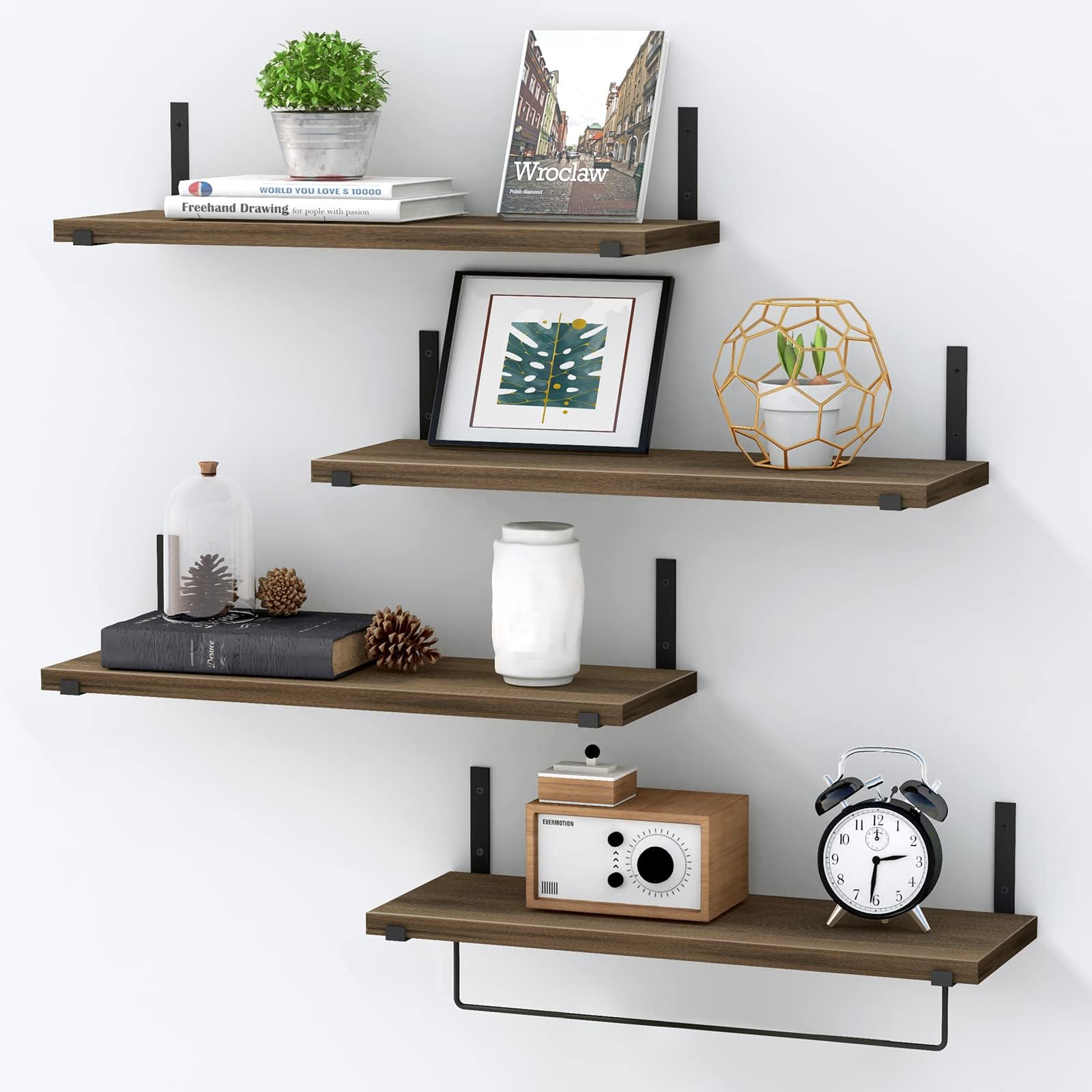 Rustic Shelves, Floating Shelves Wall Mounted Set of 4, Paulownia Wooden Wall Shelf for Bedroom, Bathroom, Living Room, Kitchen, and Office, Brown