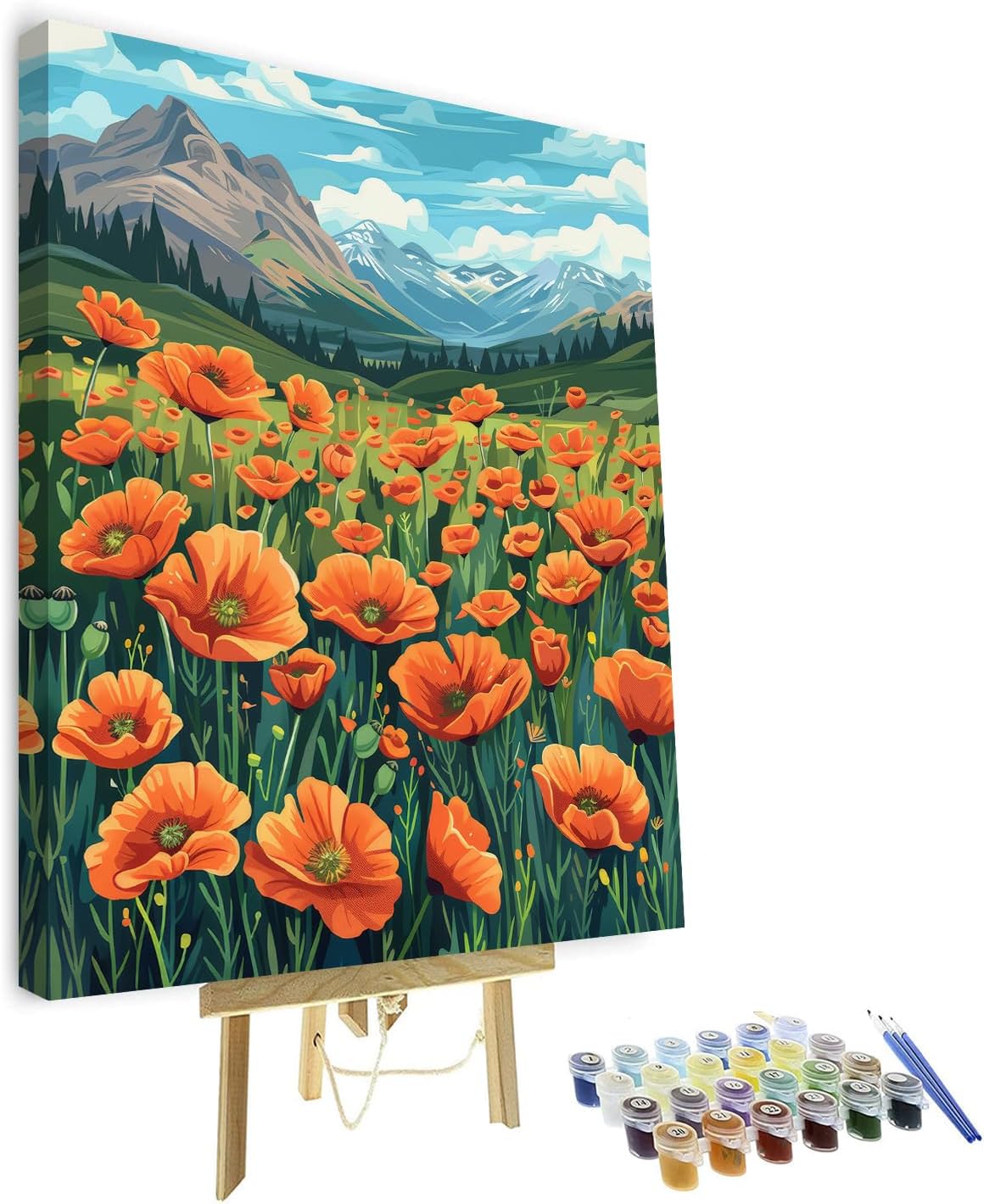 Mountain Paint by Number Kits, Flowers at the Foot of the Mountain Paint by Numbers DIY Paint by Numbers Kit for Adults, Bloom Flower Paint by Number on Canvas for Home Decor 16x20 inch with Frame