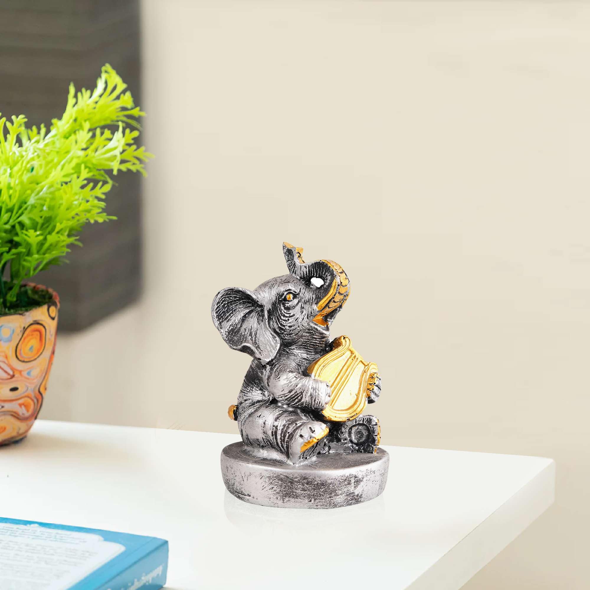ARTLIFE STOREResin Elephant Playing Musical Instrument Showpiece for Home Décor Living Room Bedroom Table Top -2, Medium, ANIMAL-SHOWPIECE-25