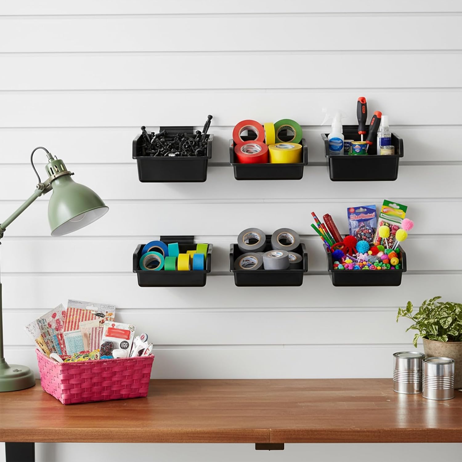 12 Pack Slatwall Bins with Hooks, Plastic Slatwall Accessories Slatwall Organizer Slatwall Containers Bins for Slat Wall Organizing Hardware Garage Craft Room Tool Shed Workbench