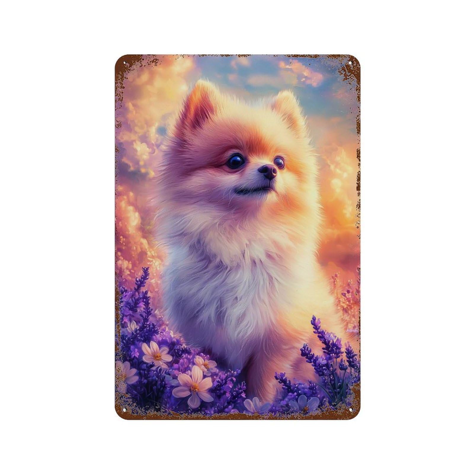 Rust Effect Pomeranian Puppy in Lavender Field Weathered Tin Sign 11.8"x7.9", Retro Wall Decor for Garage, Bar And Workshop Decor