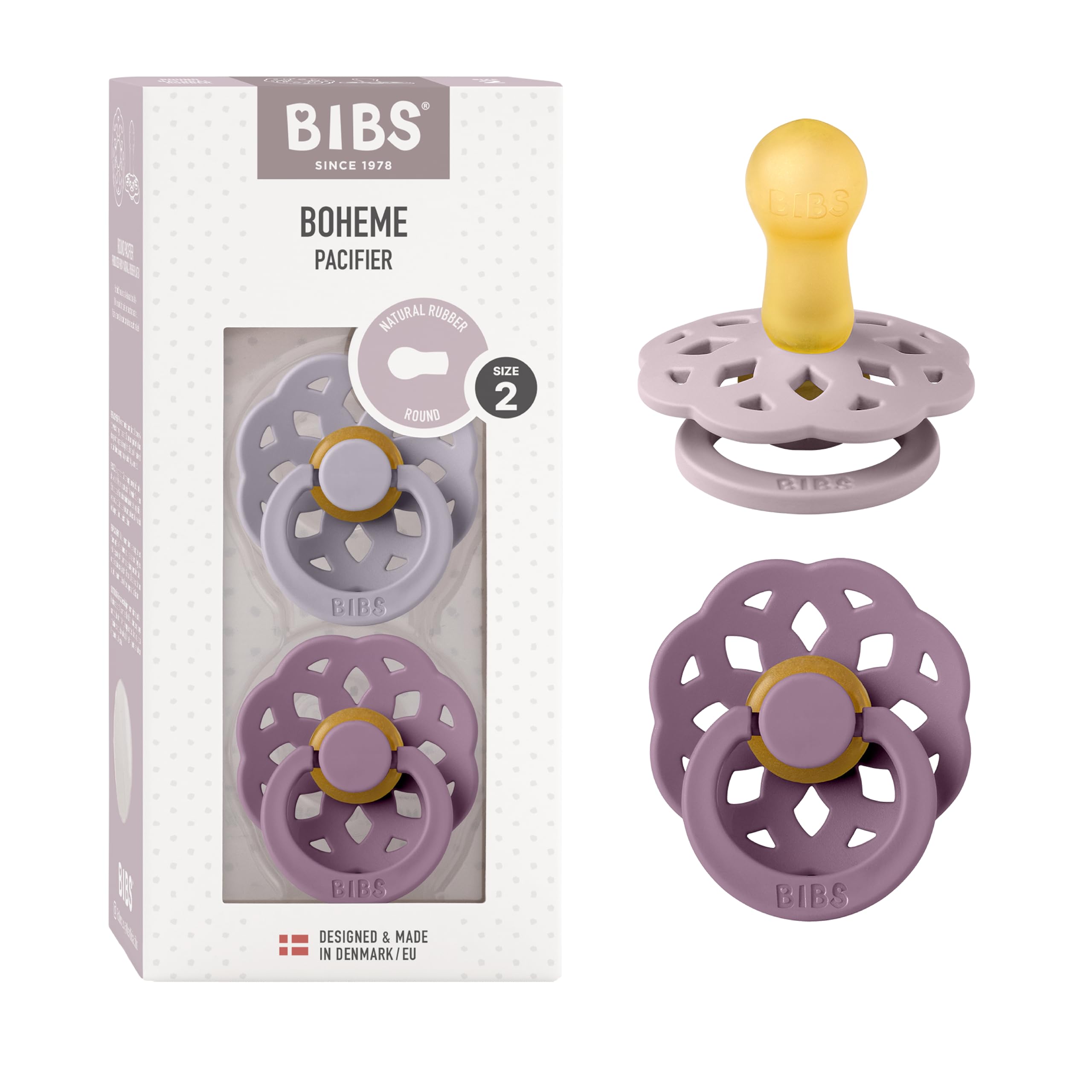 BIBS Boheme Paquete de 2 chupetes. Libre de BPA, Tetina redonda. Látex natural, Talla 1 (0-6 meses), Ivory/Blossom — view 45