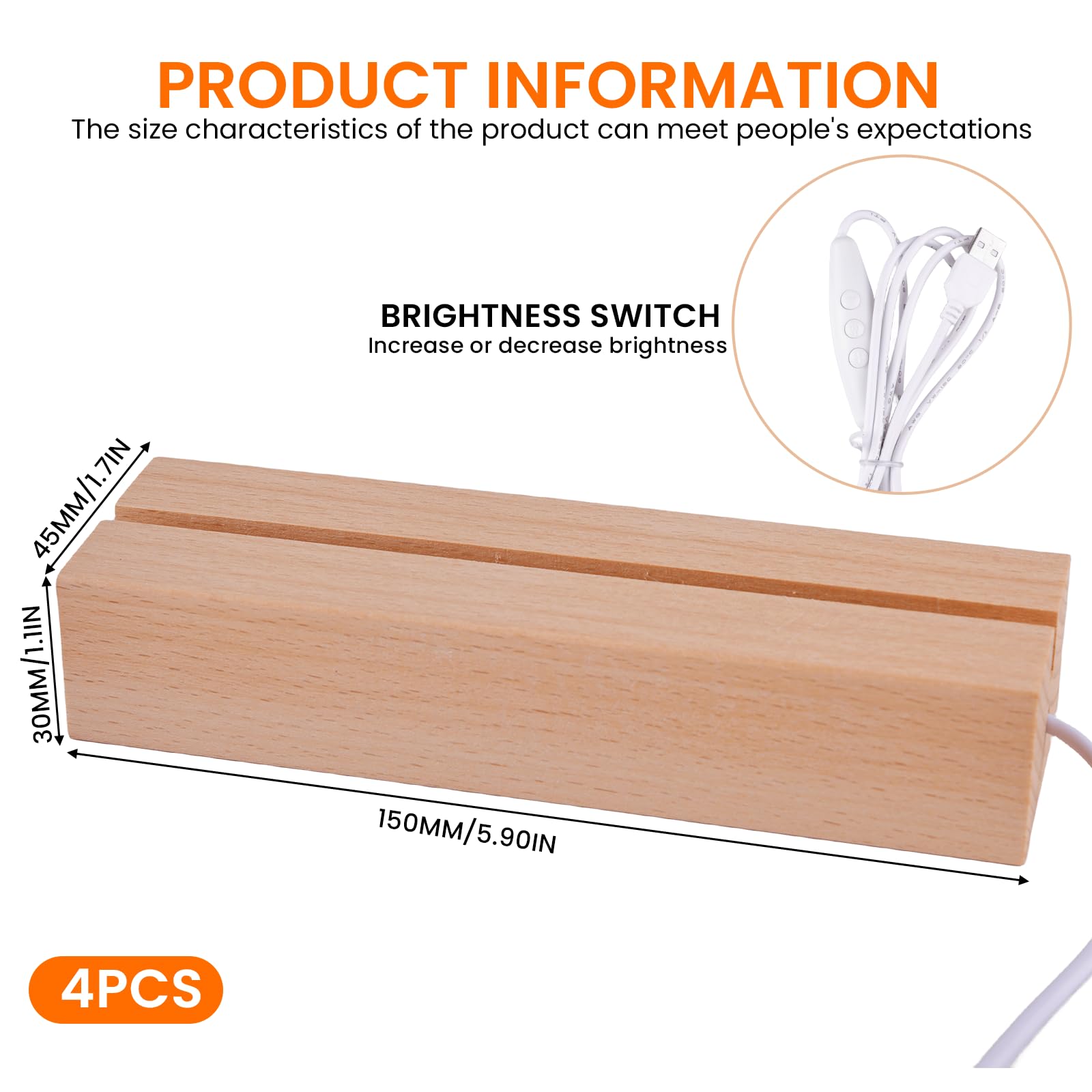 4 luci a LED per display base: colorato, rettangolare, supporto per illuminazione in legno, USB Desktop LED, base per 5 mm di spessore, piastra in acrilico, piastra in vetro, resina (30 x 45 x