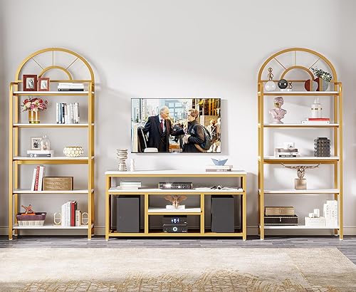 Miniatura 3 de Tribesigns Estantería arqueada blanca y dorada de 5 niveles, estantes dorados para sala de estar, estante alto independiente, estante decorativo