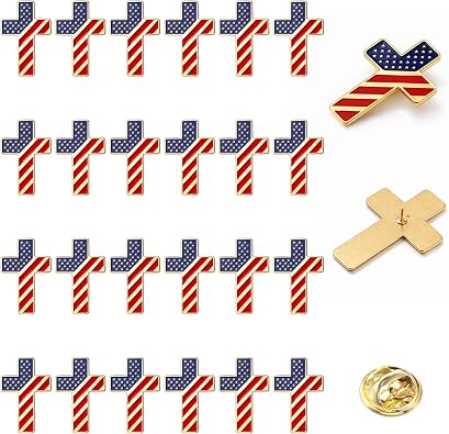 Landical 24 Pcs Patriotic Cross American Flag Lapel Pins Bulk Metal 3D USA Flag Brooches Pins for 250 Anniversary Patriotic Suits Jackets Hats Backpacks Clothes Decor