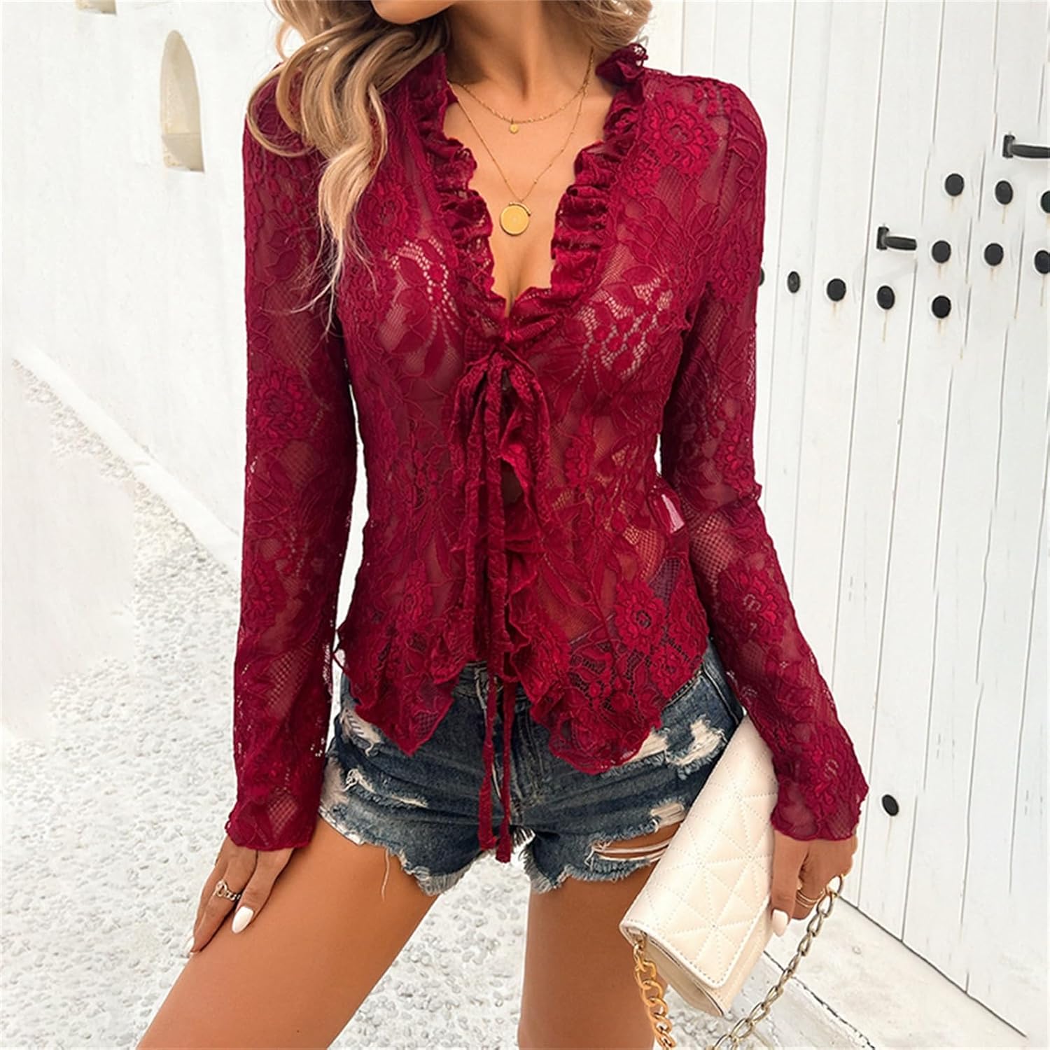 Lace Tops for Women Y2k Sexy Open Front Tie Long Sleeve Ruffle Trim See Through Mesh Crop Top Blouses Streetwear - Image 2