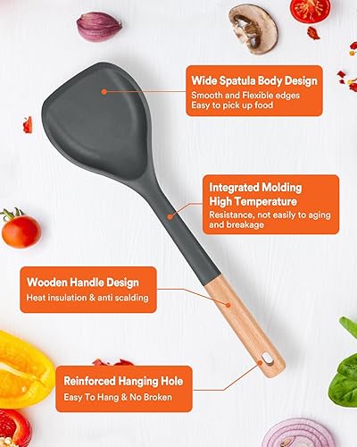 Miniatura 4 de Espátula de silicona para wok, espátula ancha de silicona con agujero para colgar, utensilios de wok de mango largo, 13.2 pulgadas, color gris