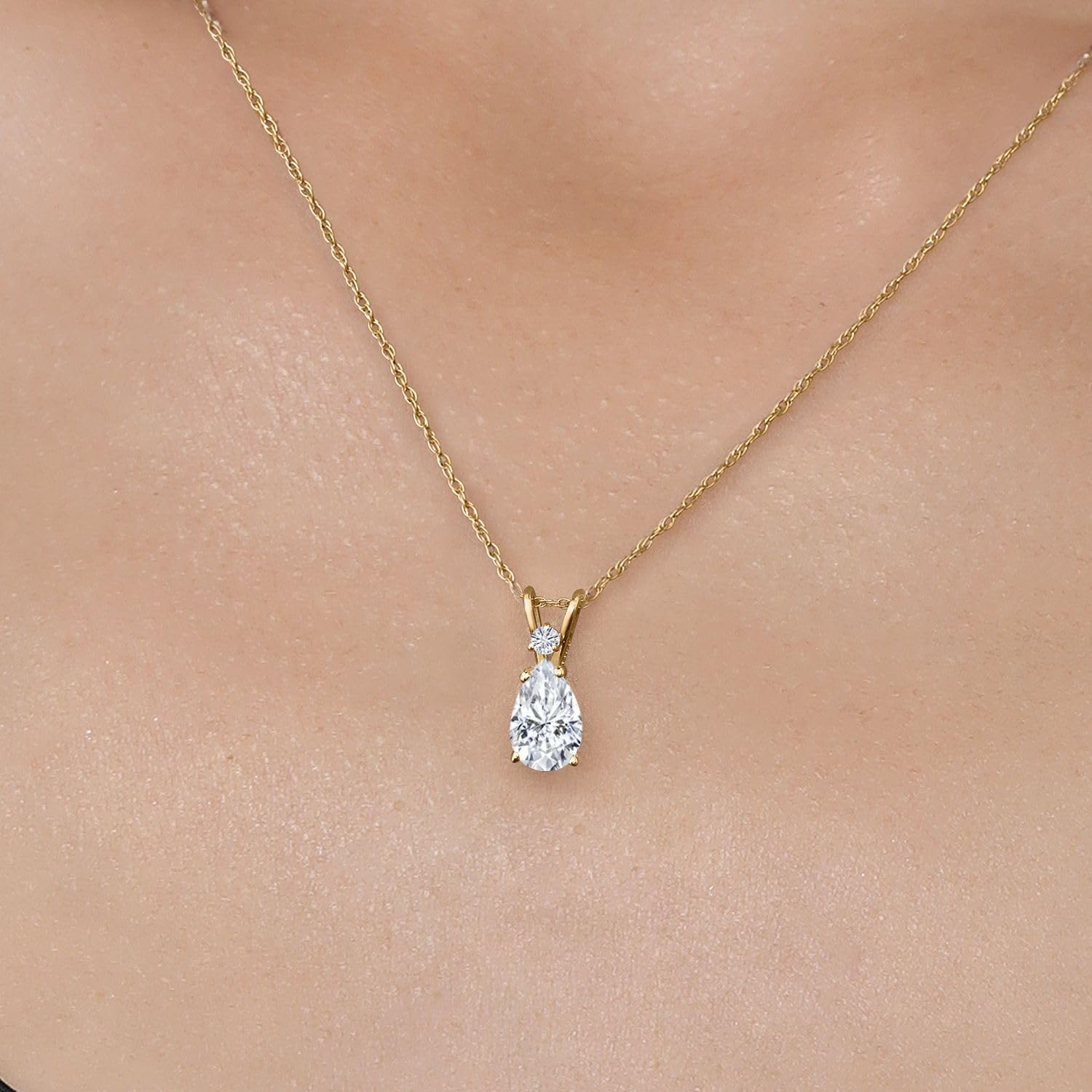 Gem Stone King 14K Yellow Gold White Moissanite Pendant Necklace for Women | 1.34 Cttw | Gemstone Birthstone | Pear Shape 9X6MM | With 18 Inch Chain - Image 3
