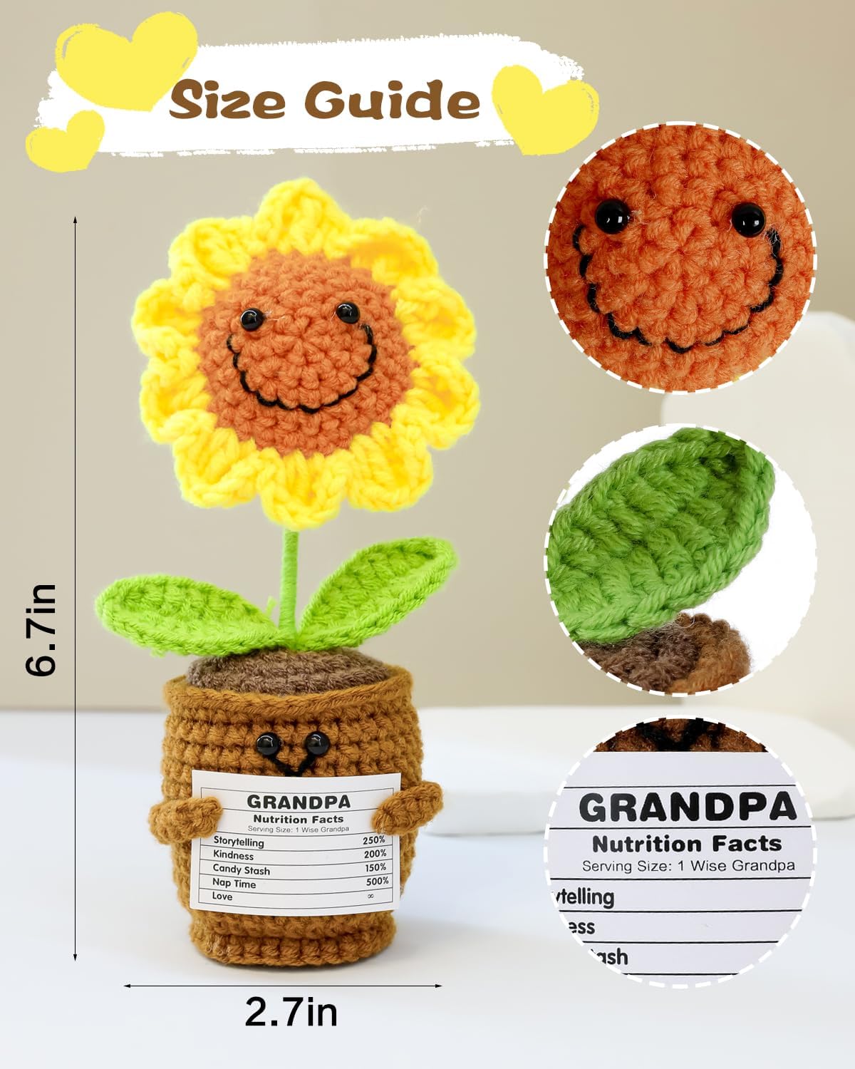 Crochet Flowers in Pot Gift – Handmade Crochet Sunflower with Funny Nutrition Facts Card for Grandpa – Humor Thanks Cards Cute Crochet Decor, Appreciation & Friendship Gift