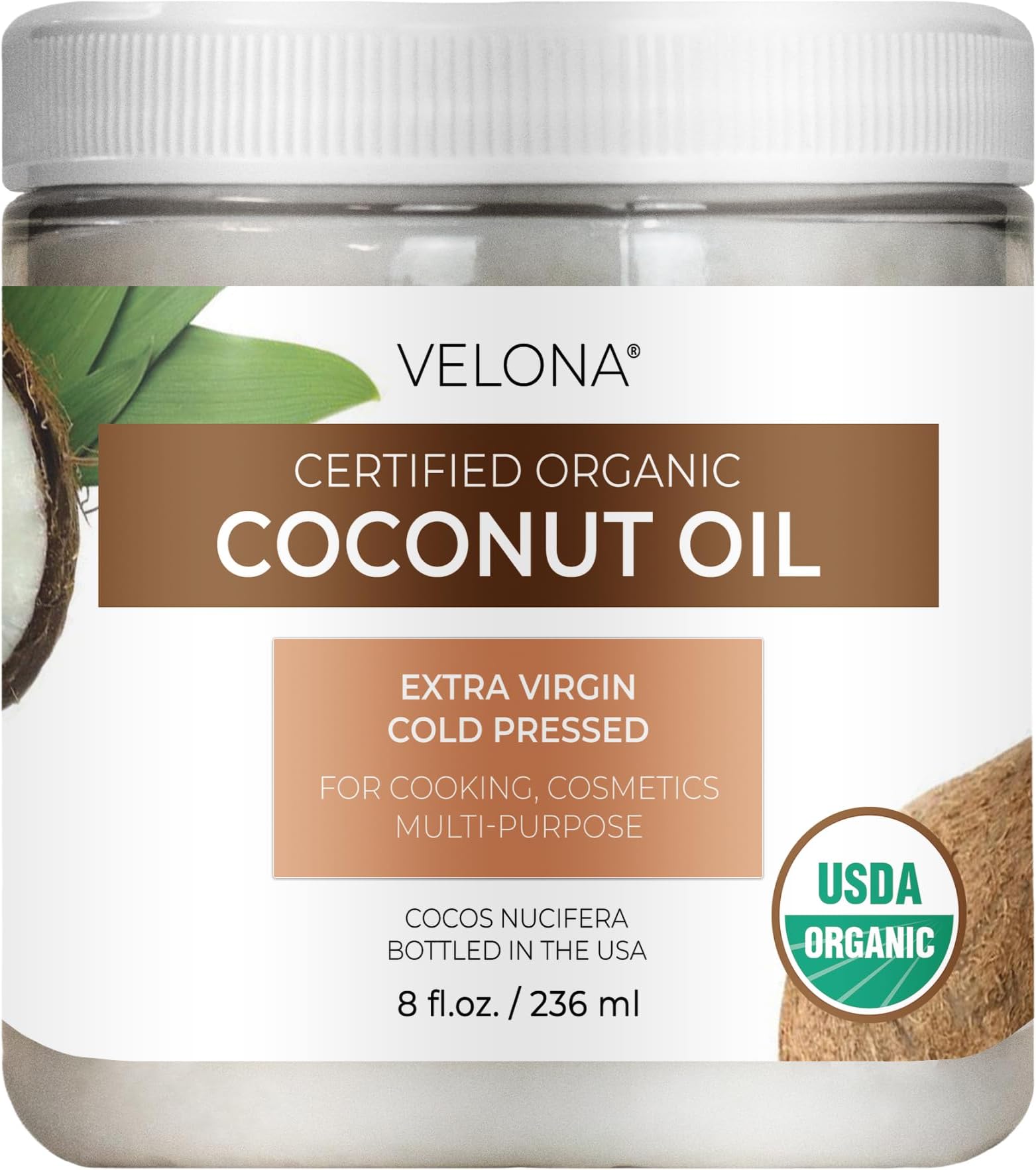 Velona USDA Certified Organic Coconut Oil Extra Virgin - 8 fl oz | Food and Cosmetic Grade | in jar | Extra Virgin, Cold Pressed