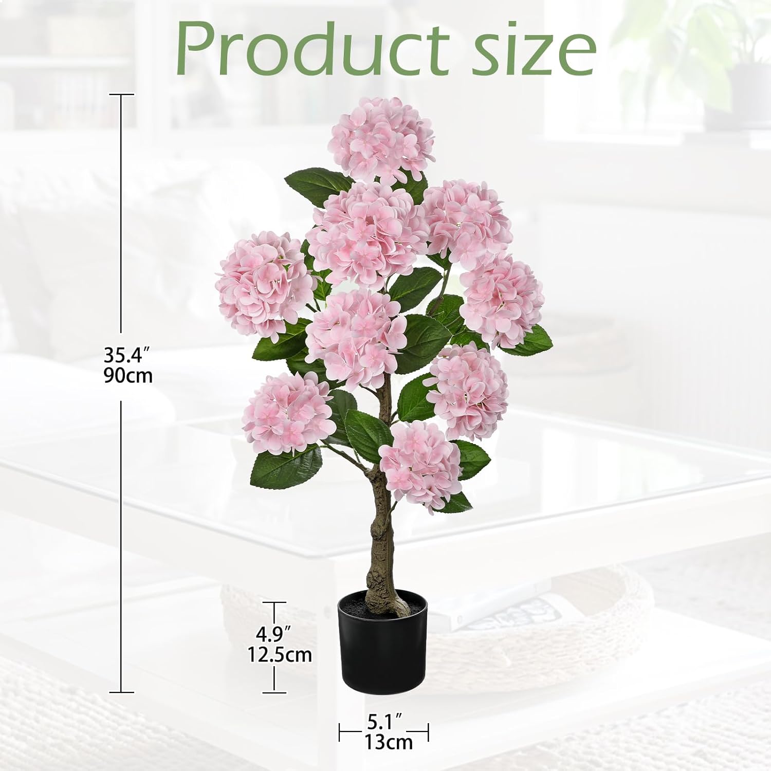 Hollyone 3FT Pink Hydrangea Artificial Flowers Tree Large Real Touch Faux Silk Hydrangea Plants Potted Fake Flower in Black Pot for Home Indoor Outdoor Front Porch Garden Entrance Living Room Decor Pink-3ft-1pcs 2ft 6in