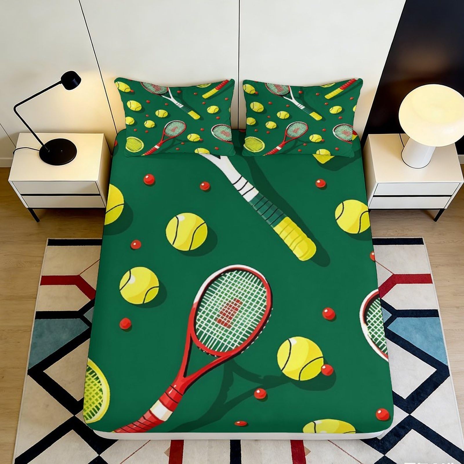 3D Printed Tennis Racket Fitted Sheet Microfiber Soft Breathable Tennis Ball Mattress Cover for Bedroom Dorm Guest Room Decor 160x200x25cm