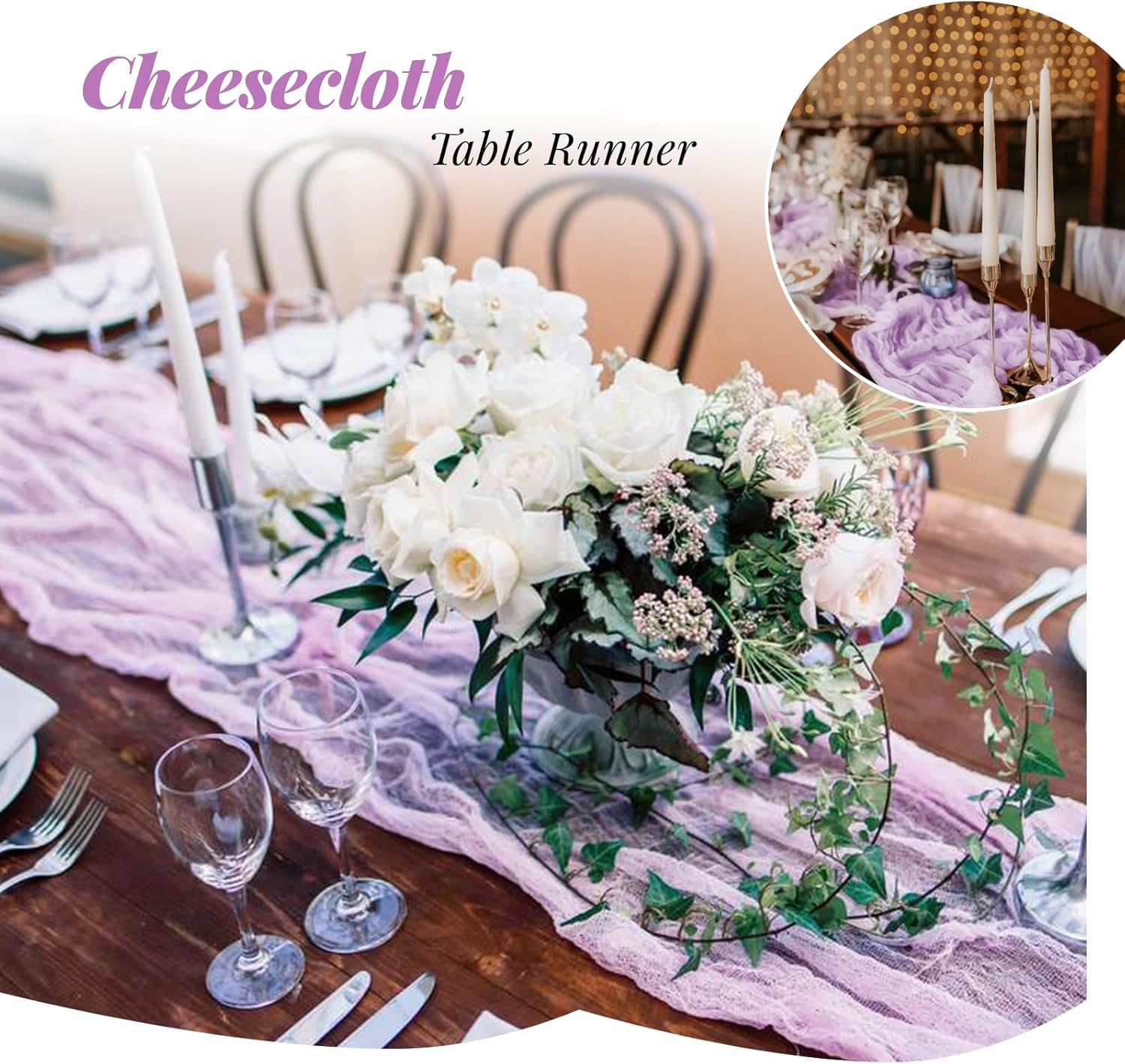 Aktor 12 Pack Lavender Cheesecloth Table Runner 10Ft Gauze Table Runner Boho Semi Sheer Cheese Cloth Fabric Runners for Wedding Birthday Baby Shower Party Table Decoration（Lavender）