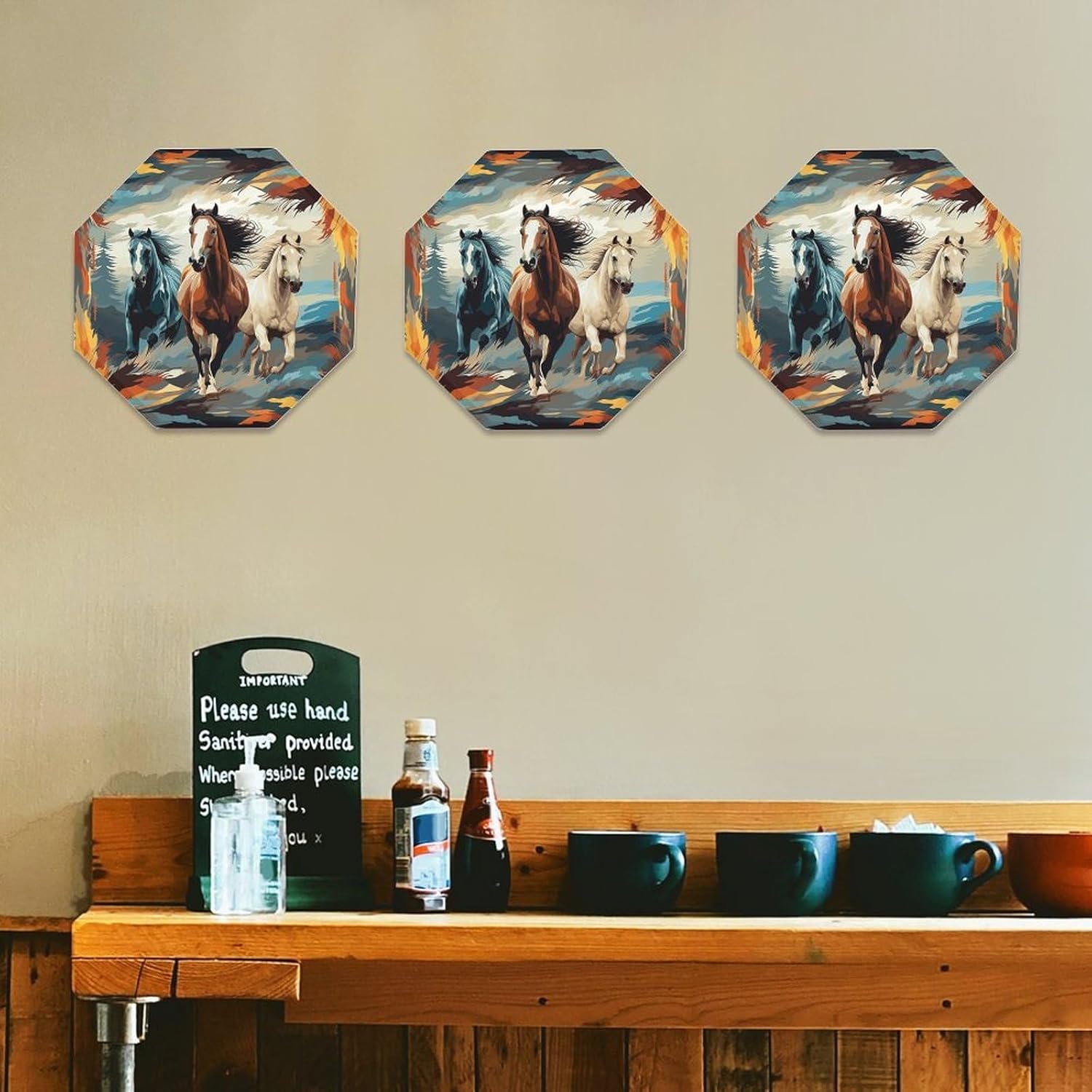 Ctagon Metal Sign for Home, Modern Display Plate for Kitchen, A Pattern with Horses As A Background Plates Accent Hanging Wall Decorations 3PCS for Living Room, Bedroom, Hallway, Hotel