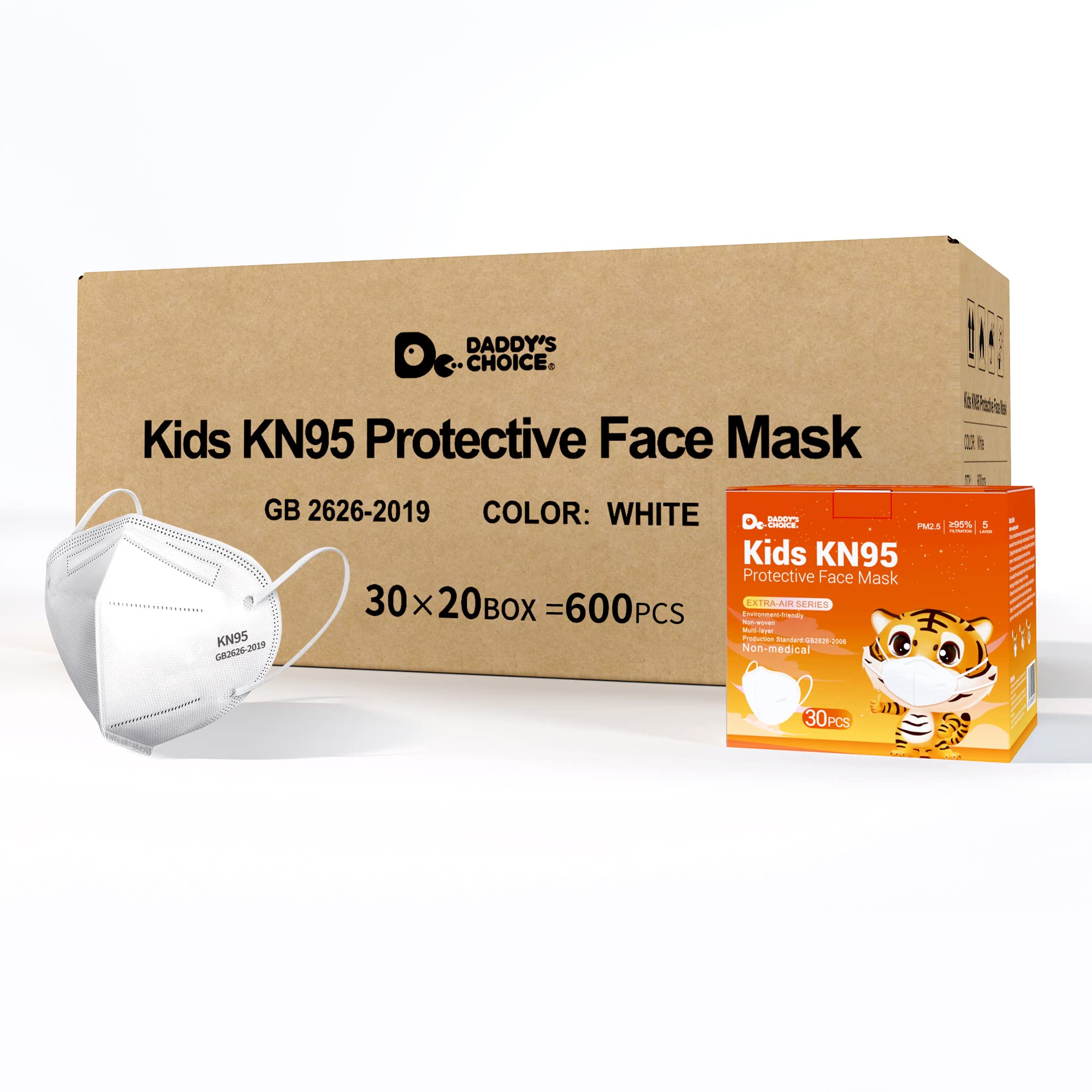 Kids White KN95 Face Mask, 600 Count Disposable Use (20 boxes, 30pcs/box) 5-Layer Protective Face Mask for children