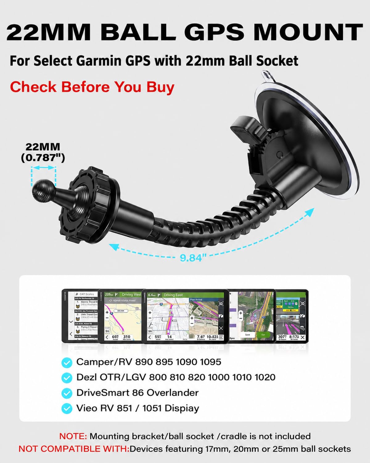 1Zero Soporte GPS para coche de 22 mm con ventosa resistente