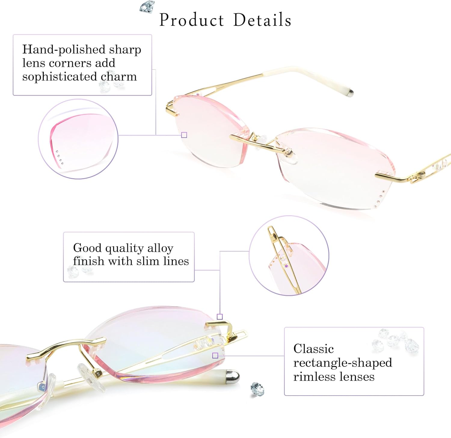 LifeArt Blue Light Blocking Glasses,Computer Reading Glasses,Rimless Frame Tinted Lens with Diamond,Stylish for Women (+2.50 Magnification)