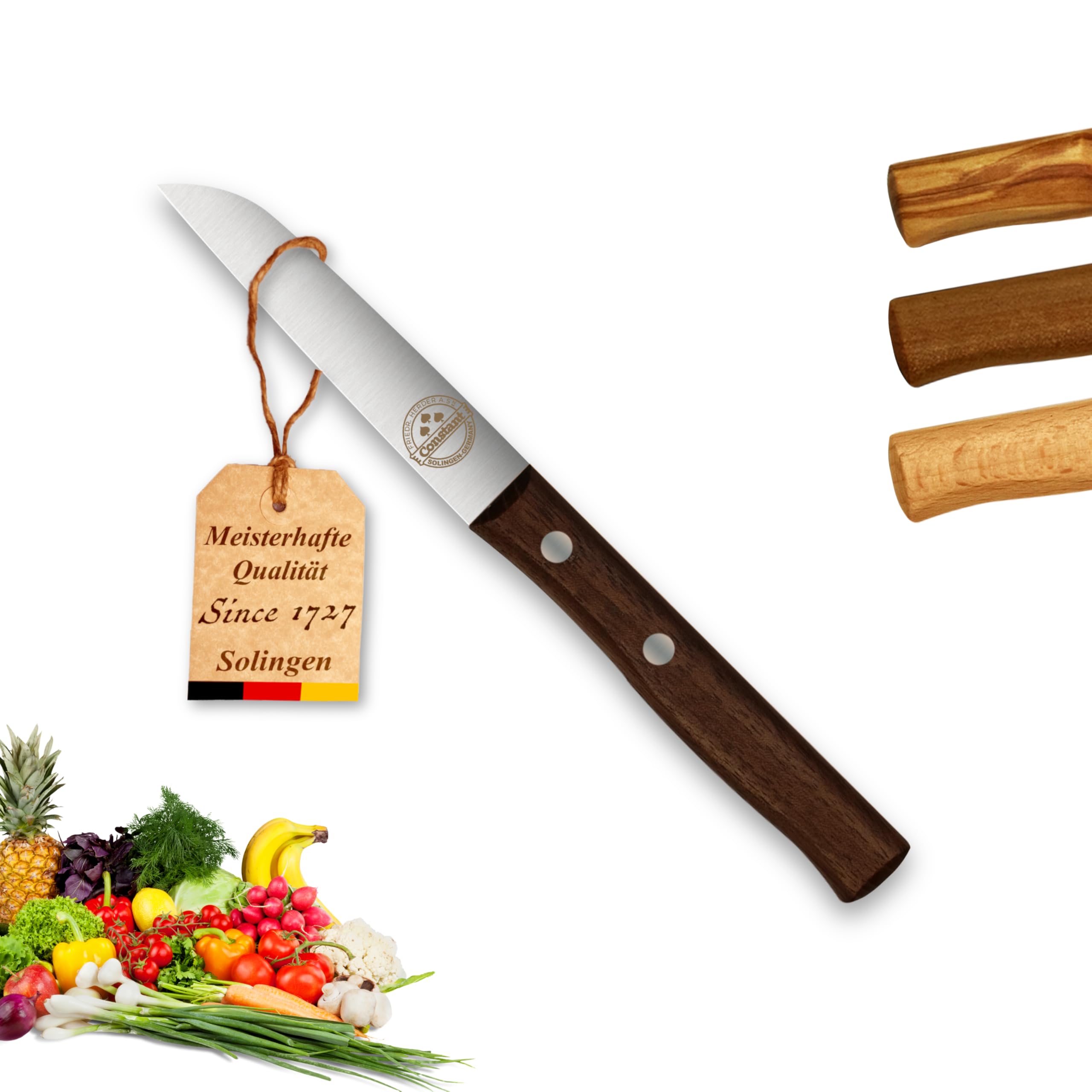 Premium Gemüsemesser/Kneipchen, Walnuss, rostfreie Klinge, Chrom-Stahl, extra scharfes Küchenmesser, Dünnschliff, Handabzug, Solingen