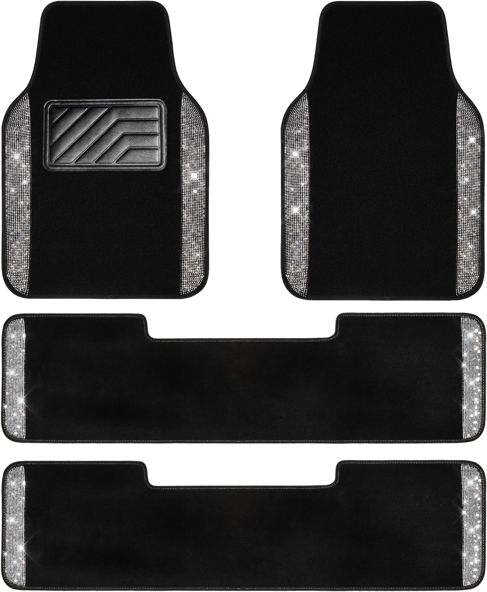 CAR PASS 3 Row Bling Diamond Car Mats Shining Carpet Rhinestones Sparkly Glitter Floor Mats Anti-Slip PVC Heel Pad Universal for Automotive SUV,Sedan,Van, 3rd Row 2 Rear for Girl Women, Black Silver