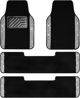 CAR PASS 3 Row Bling Diamond Car Mats Shining Carpet Rhinestones Sparkly Glitter Floor Mats Anti-Slip PVC Heel Pad Universal for Automotive SUV,Sedan,Van, 3rd Row 2 Rear for Girl Women, Black Silver