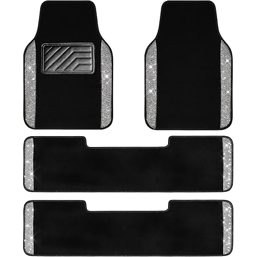 CAR PASS 3 Row Bling Car Mats Shining Diamond Carpet Rhinestones Sparkly Glitter Floor Mats Anti-Slip PVC Heel Pad Universal for Automotive SUV,Sedan,Van, 3rd Row 2 Rear for Girl Women, Black Silver