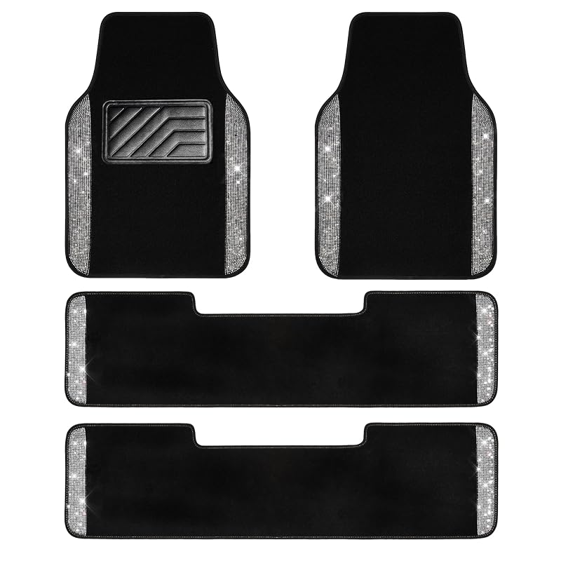 Tapetes automotivos CAR PASS com detalhes brilhantes, base antiderrapante e acabamento preto e branco, 4 peças