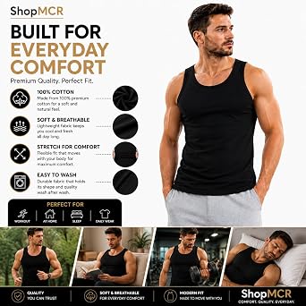 3 Pack Men's Vests 100% Cotton Sleeveless Tank Tops - Breathable Gym Undershirt, Plain Summer Workout Top, S to 4XL