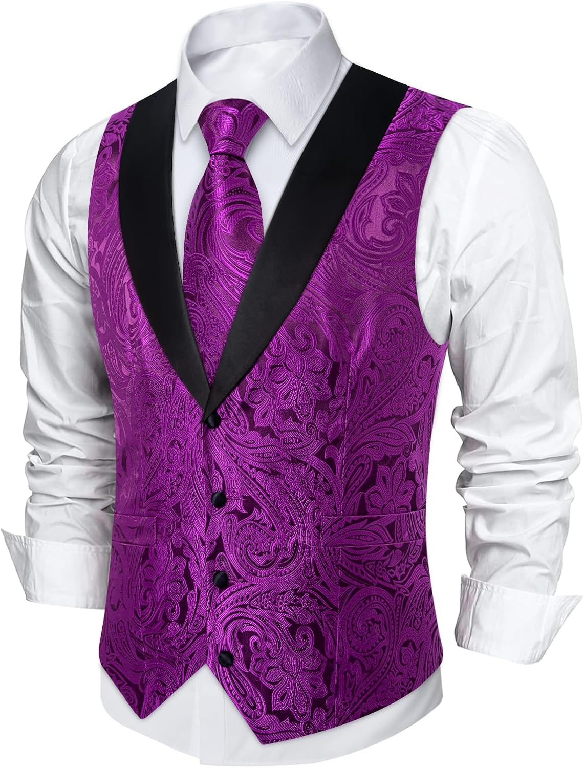 DiBanGu Mens Paisley Suit Vest Silk Jacquard Waistcoat and Necktie Set Formal Shawl Collar Dress Vest 7PCS for Wedding Party