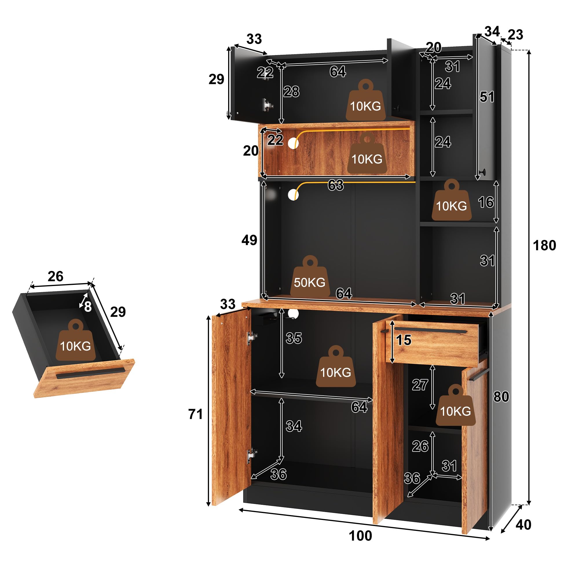 Armadio da cucina, 100 x 40 x 180 cm, con 6 ante e 1 cassetto, moderno credenza per cucina, soggiorno e sala da pranzo, naturale