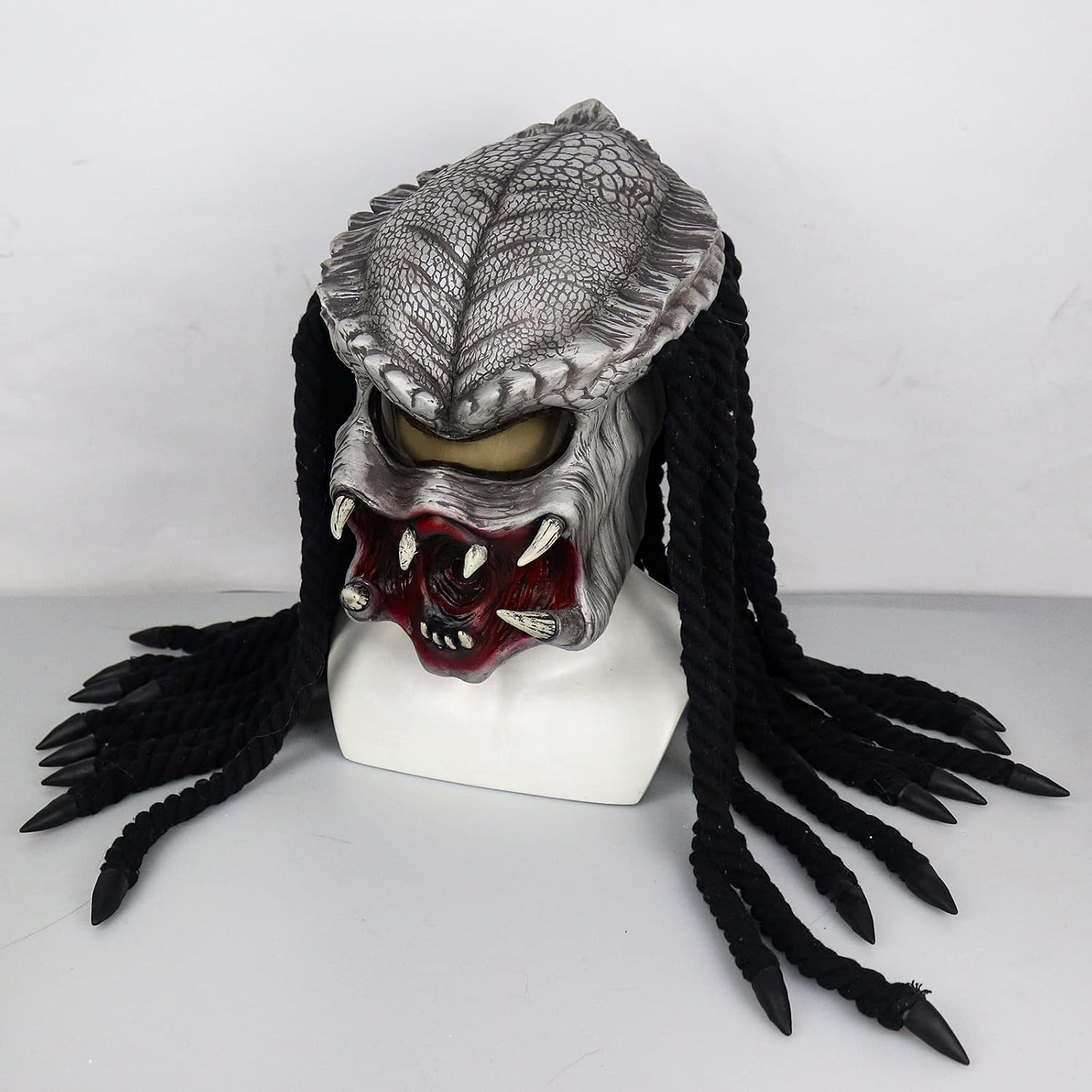 Bulex Predator Mask with Dreads Hair Scary Alien Full Head Headwear Halloween Cosplay Creepy Helmet Role Play Latex Props