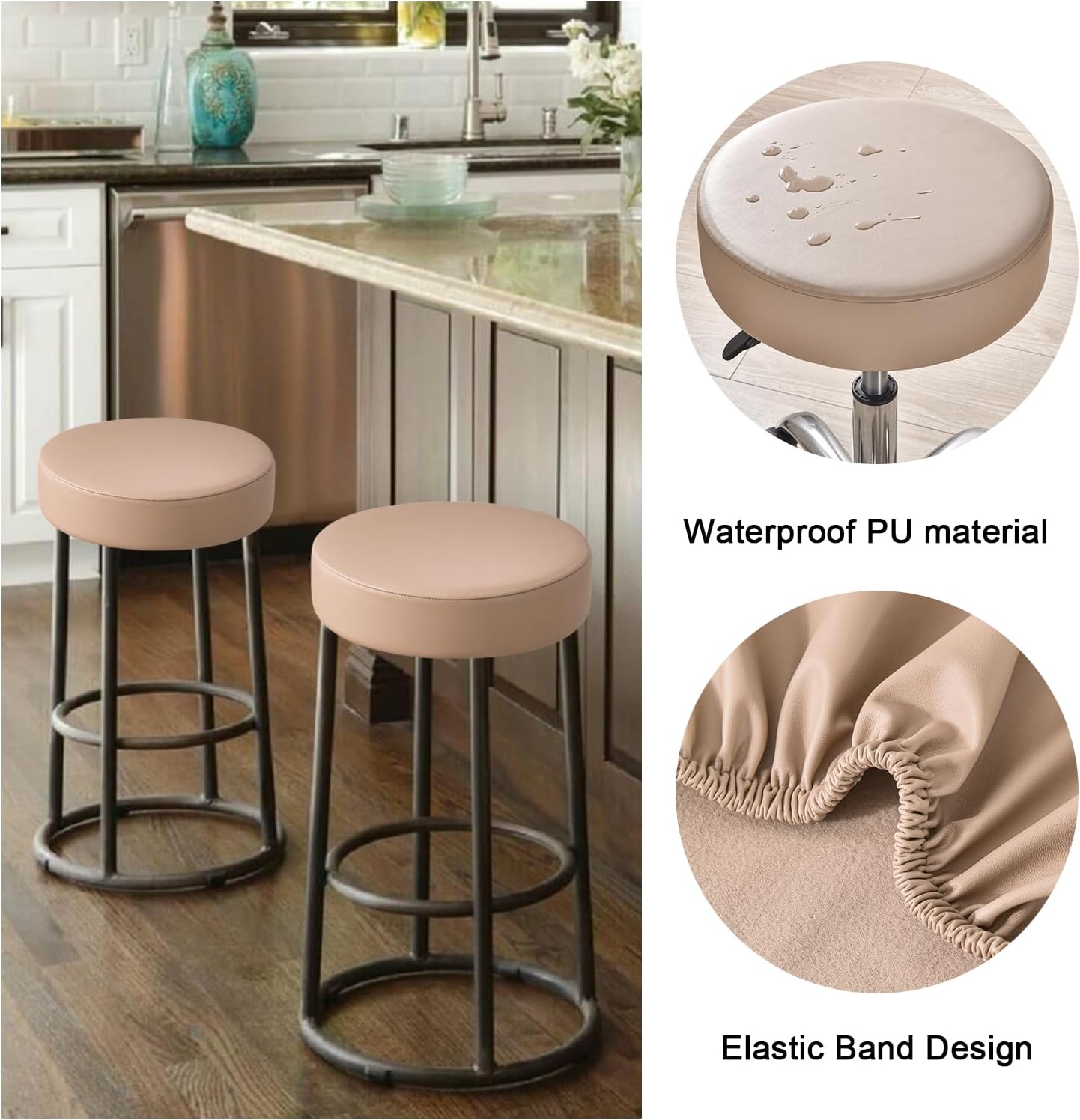 FUANGUI Bar Stool Covers Round Set of 4, Waterproof PU Bar Stool Seat Covers with Elastic Bands,Bar Stool Chair Covers Washable Stool Cushion Slipcover for 16-18 Inch - Khaki