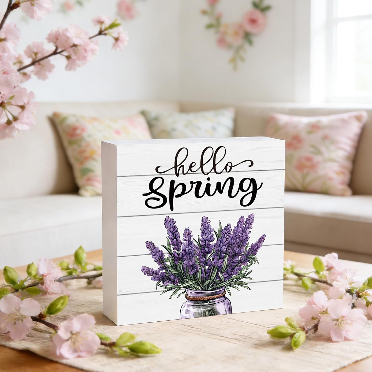 Spring Table Decor Spring Decorations Indoor Lavender Home Room Office Bathroom Wood Box Sign Rustic Wooden Shelf Desk Decor Season Sign House Warming Gifts 5.9 x 5.9 Inch