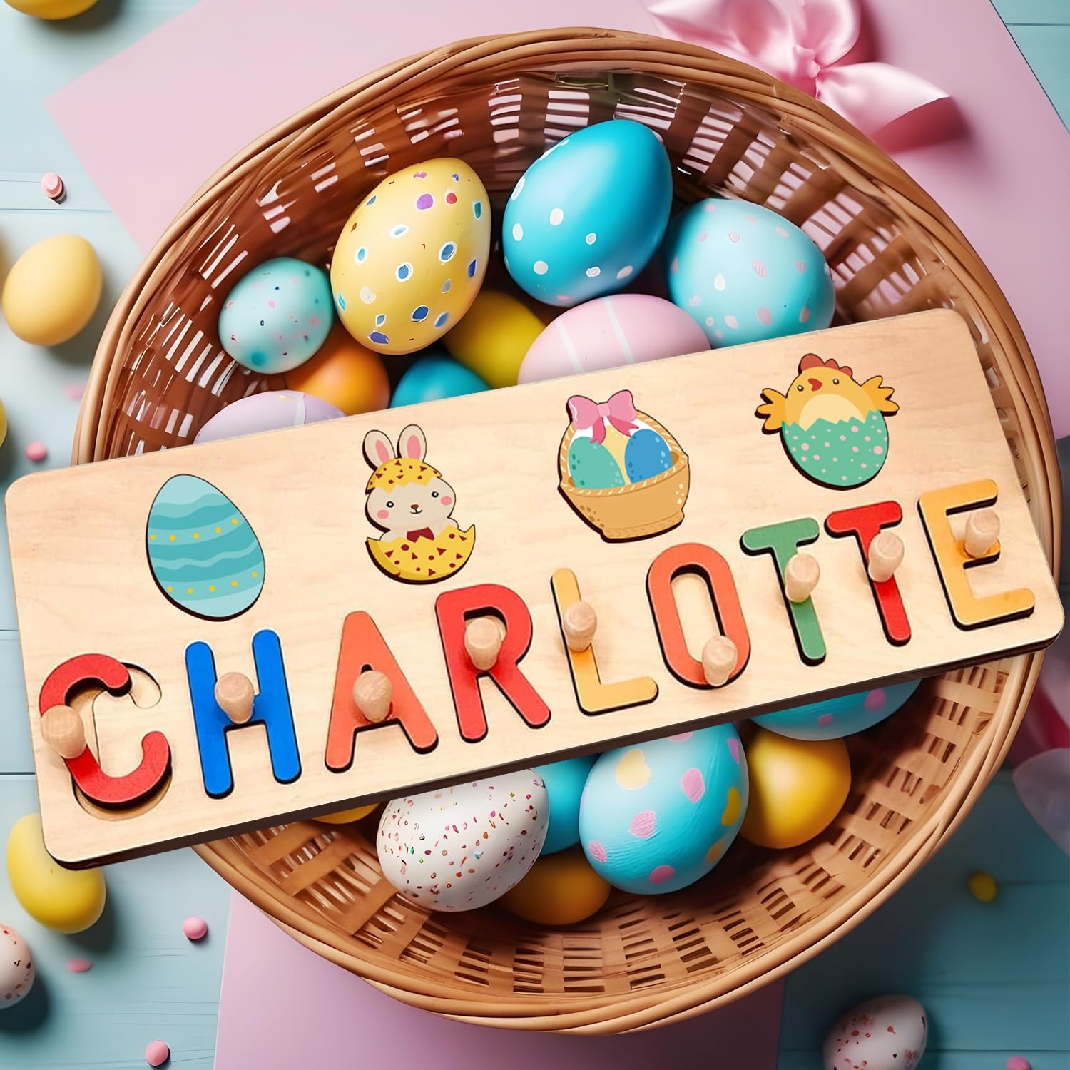 Personalized Wooden Name Puzzle for Kids - Personalized Baby Easter Gifts - 1st Birthday Girl Gifts - Learning Toys for 1-3 Year Old Girl Boy - Toddler Puzzle Engraved Text Blessing