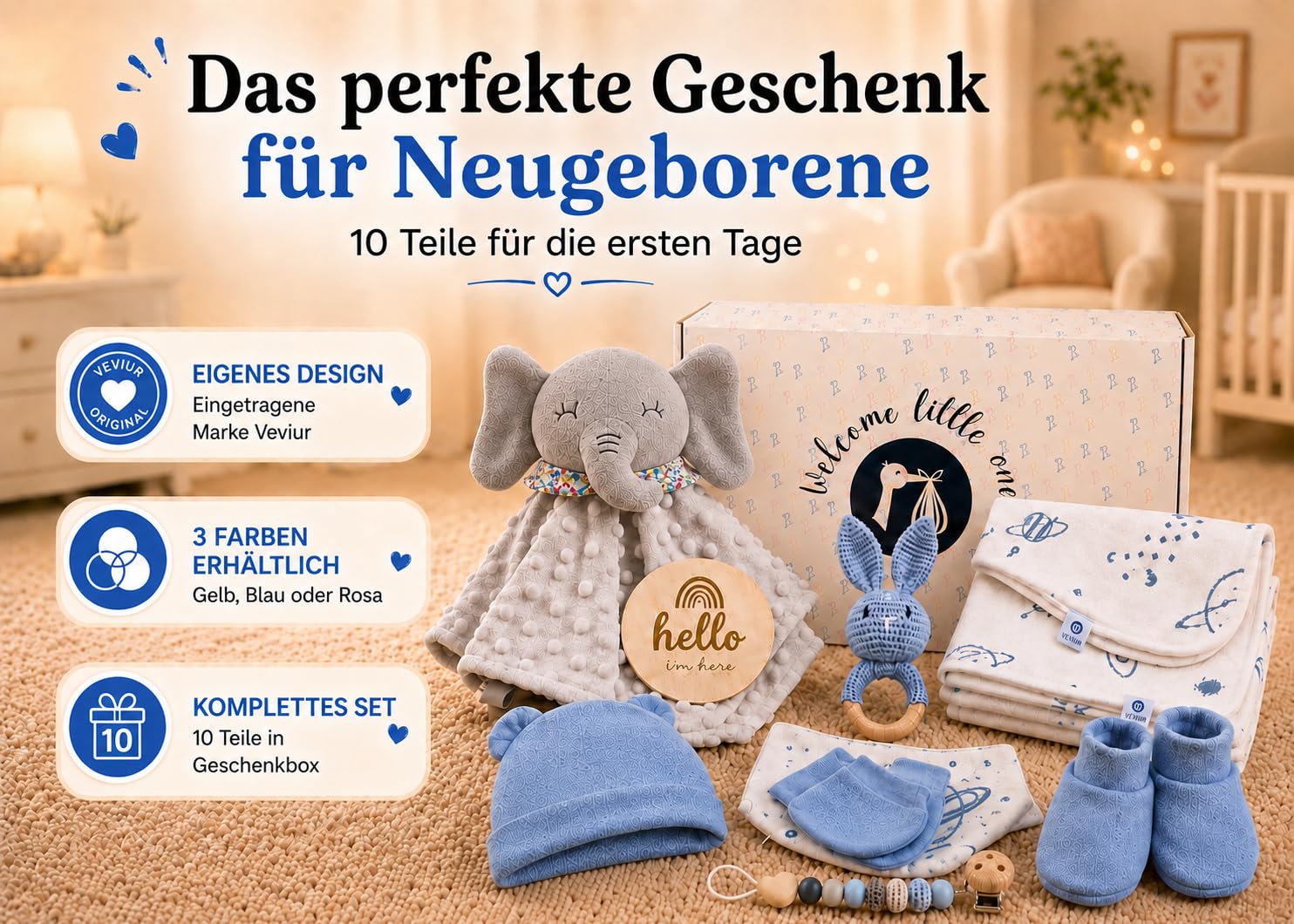 Windeltorte Baby Geschenkset – Neugeborenen Geschenkbox mit Schmusetuch, Rassel, Schnullerkette, Decke & Lätzchen – Geburtsgeschenk für Mädchen & Junge