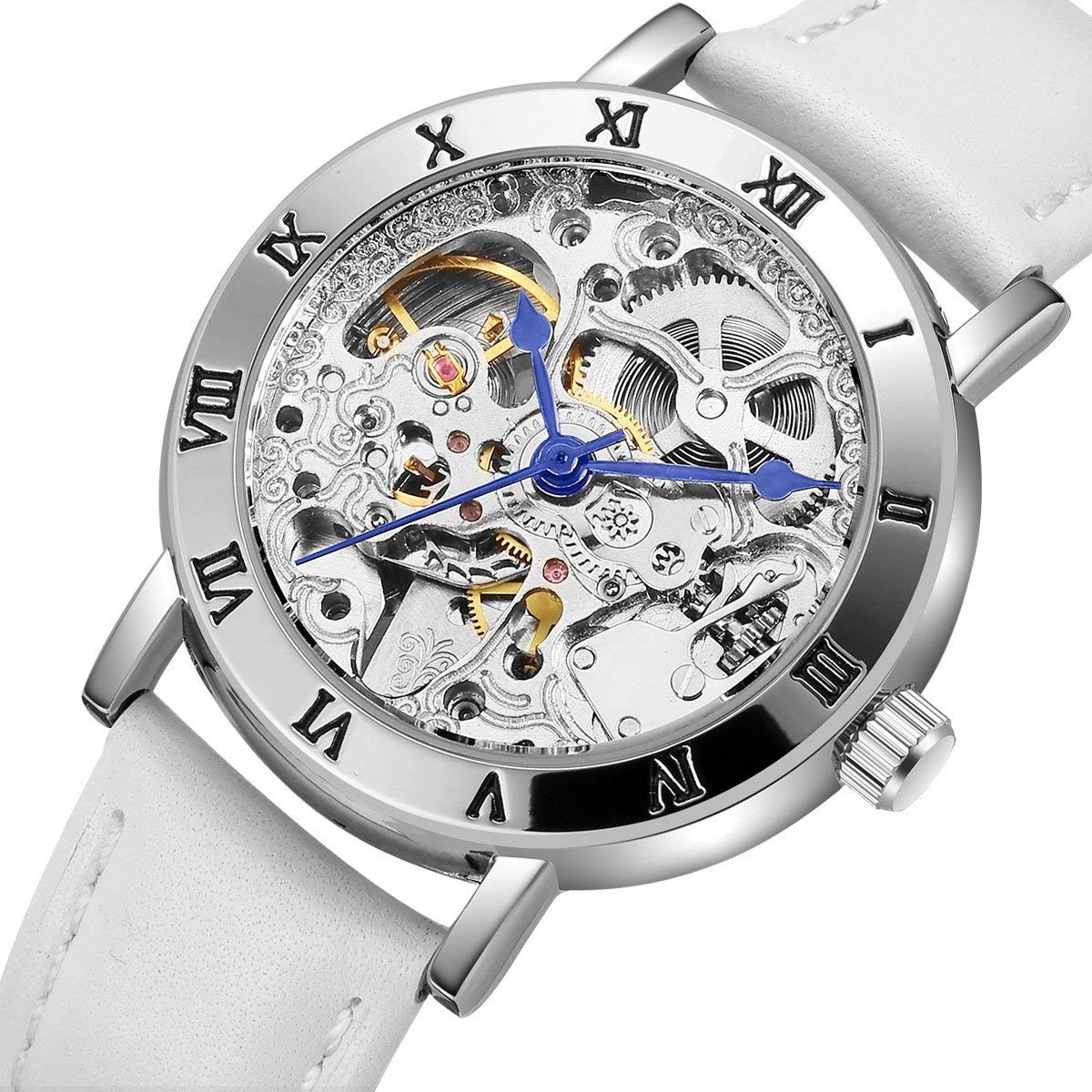 Carlien Damen Steampunk Automatik Mechanische Uhr Skelett Zifferblatt Leder Kleid Armbanduhr