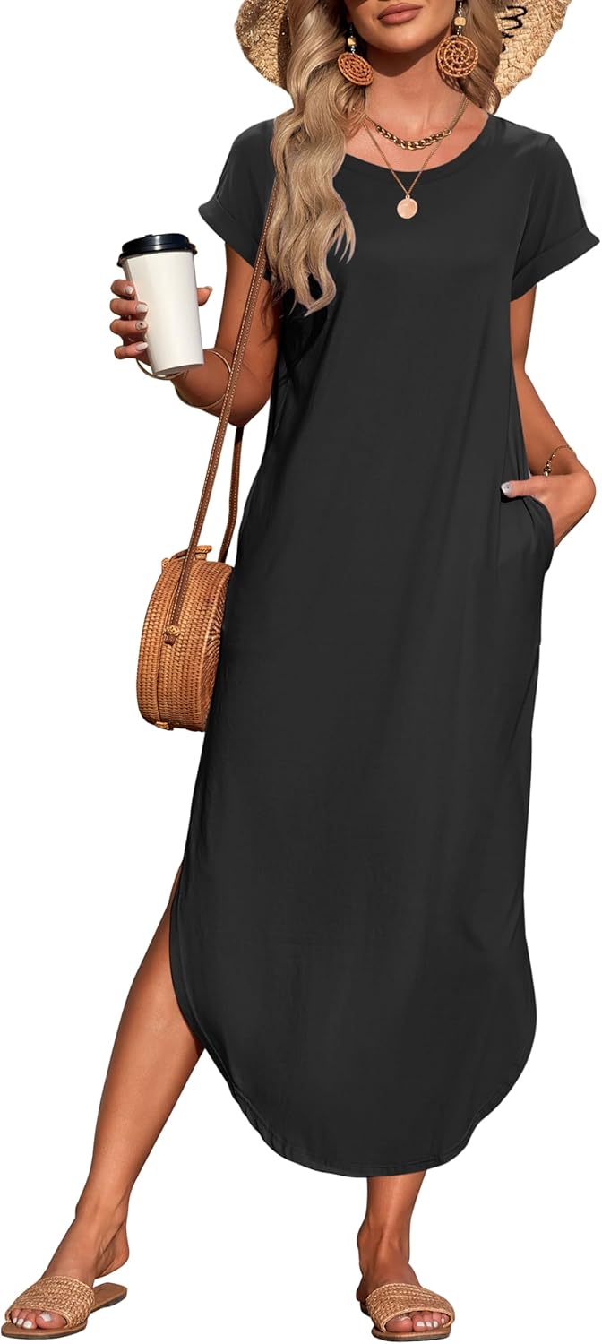 WNEEDU womens casual summer dress, loose, short sleeve maxi sundress.