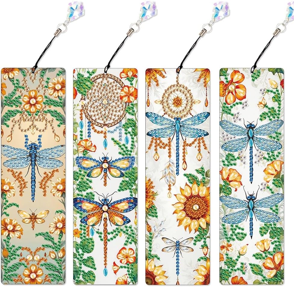 4 Pack Book and Flower Diamond Painting Bookmark Kits, Special Shaped Diamond Art Bookmarks with Pendant, DIY Handmade Crafts Home Office Supplies Reading Bookmark for Book Lovers