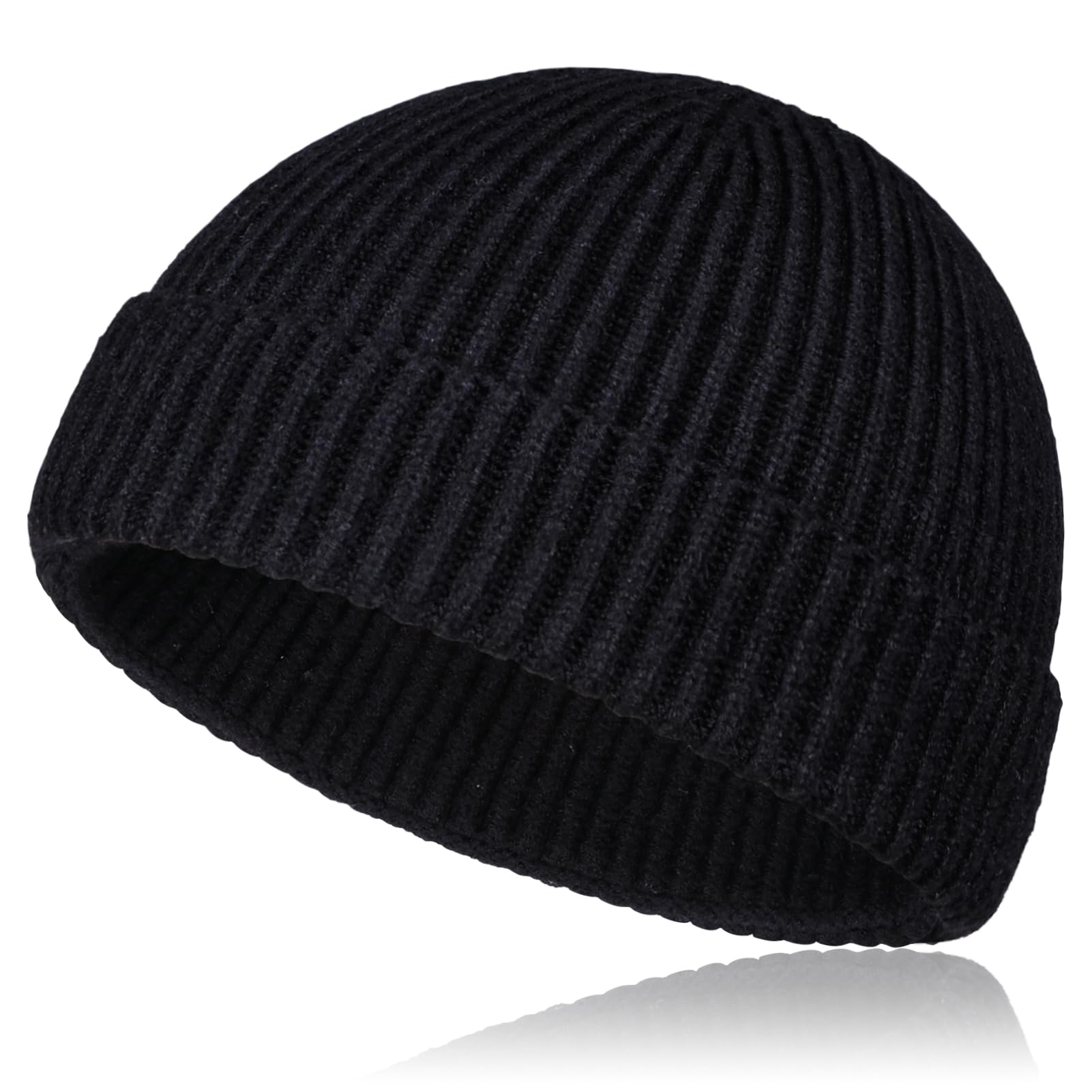 Samserot Men's Black Wool Short Fisherman Beanie For Wo, Knit Cuff Trawler Beanie Caps Winter Warm Hats