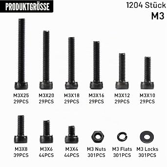 1204 Pieces M3 Screws Set Allen Screws Nuts Set Cylinder Screws with Nuts with Washers Sets Black Machine Screws Assortment Threaded Screws Set (1204 M3)