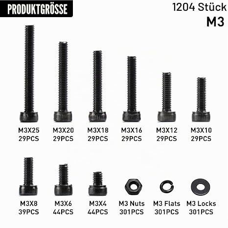 1204 Pieces M3 Screws Set Allen Screws Nuts Set Cylinder Screws with Nuts with Washers Sets Black Machine Screws Assortment Threaded Screws Set (1204 M3)