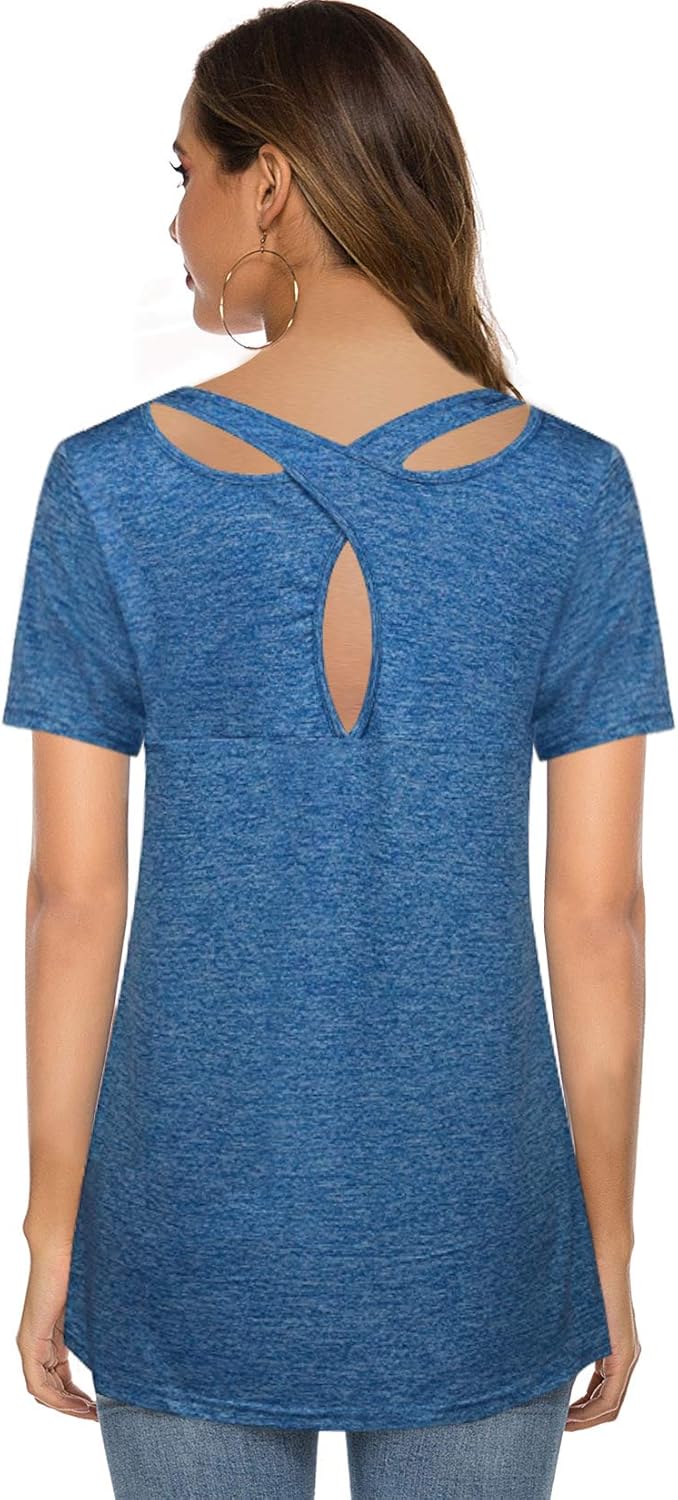 HOCOSIT Women's Short Sleeve Yoga Tops Cross Back Workout
