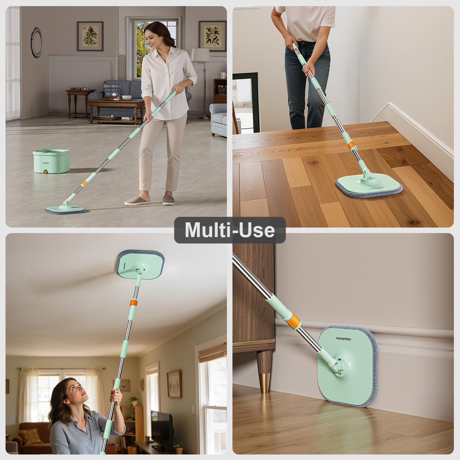 HoMettler Juego de fregona giratoria y Cubo, Cubo Interior Desmontable con Sistema de Agua Sucia Separado, fregonas de Limpieza Profunda para Limpieza de Suelos/Paredes con Cabeza Triangular y 4