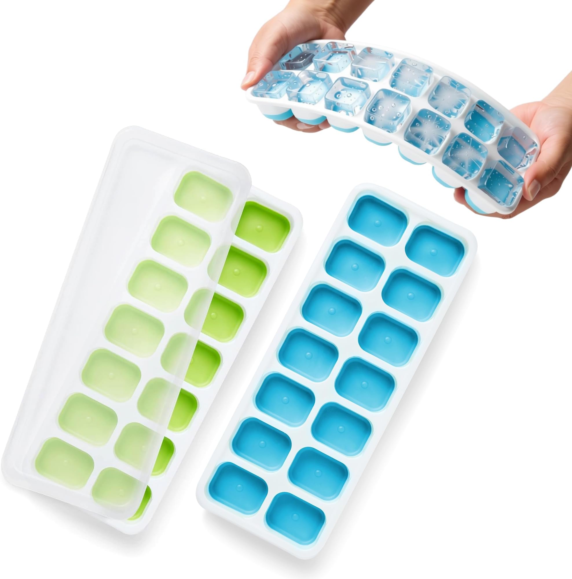 KEPLIN 2 Pack Silicone Ice Cube Trays (25x9.5cm) with Non-Spill Flexible Moulds Lids Easy to Remove Ice Cube Tray LFGB Certified BPA Free Perfect for Baby Food,Cocktails and Other Drinks Green & Blue