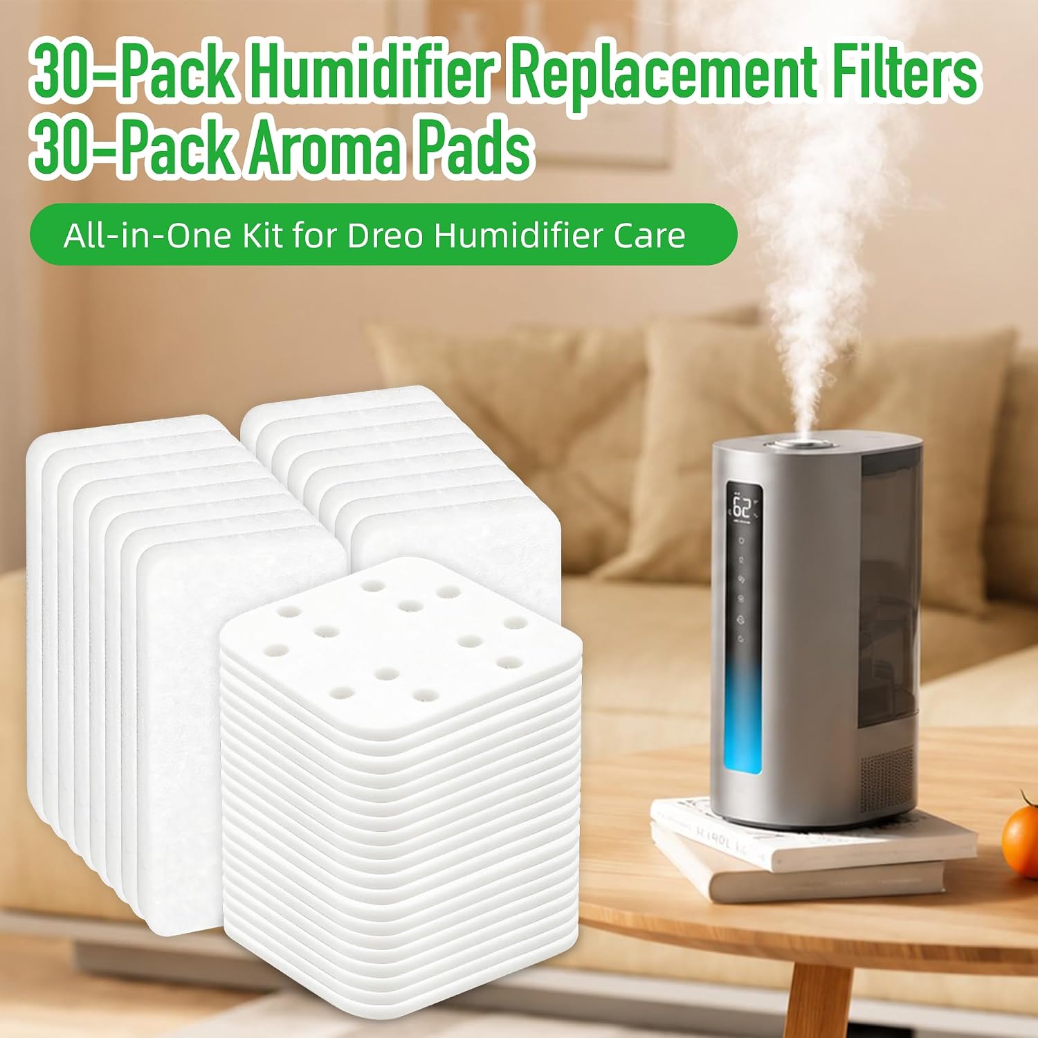 Humidifier Replacement Parts for Dreo - 30 Pack Mineral Absorption Pads and 30 Pack Essential Oil Aroma Pads Compatible with Dreo HM713 HM713S HM813S HM717S, Humidifier Pads and Aroma Pads Set