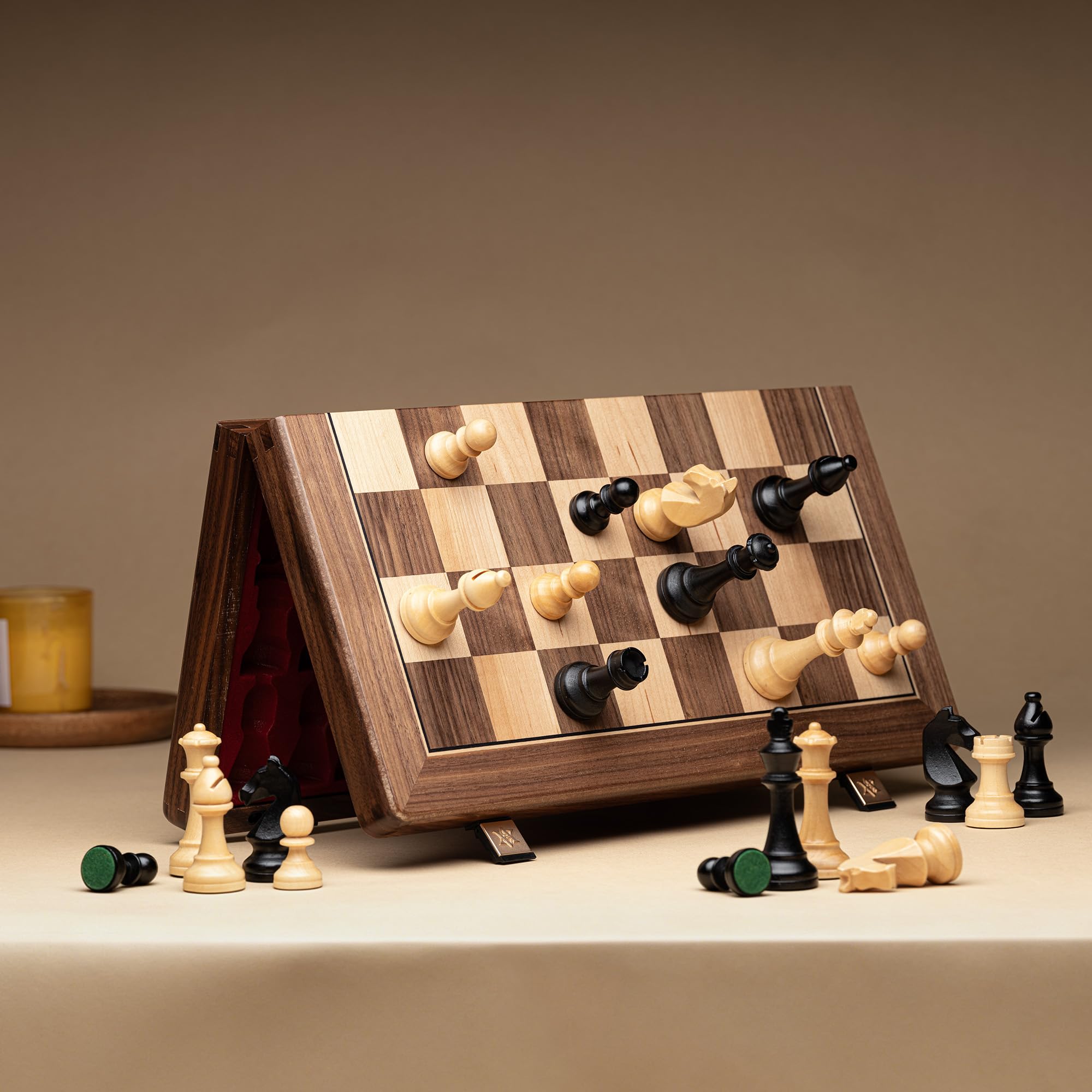 A&A 15 inch Wooden Folding Chess Set w/ 3 inch King Height Staunton Chess Pieces / 2 Extra Queens - Natural Walnut Wood