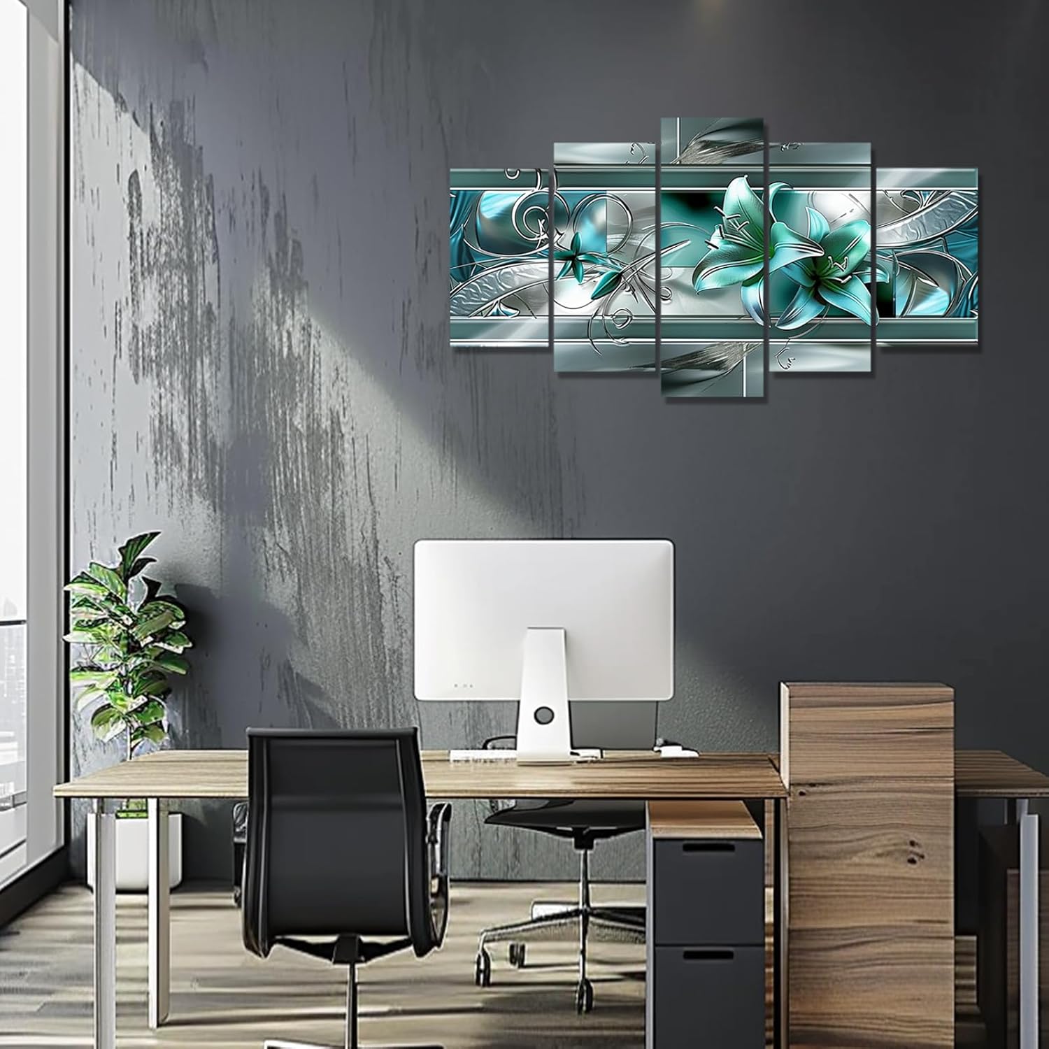 PBXBJY Lily Flower Wall Decor Teal Lilies Pictures 5 Piece Abstract Floral Painting Canvas Prints Large Contemporary Artwork Home Office Decor (Floral-4, (12"x20"x2 12"x30"x2 12"x40"x1))