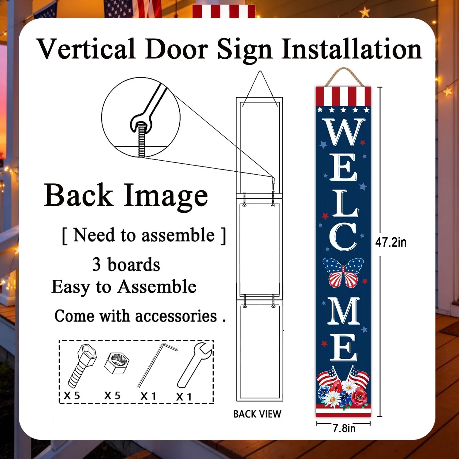 4th of July Welcome Sign with LED Lights, 47" Patriotic Wooden Standing Decor for Front Door Porch, Independence Day 250th Anniversary Outdoor Decor, Memorial Day Yard Wall Hanging Ornament