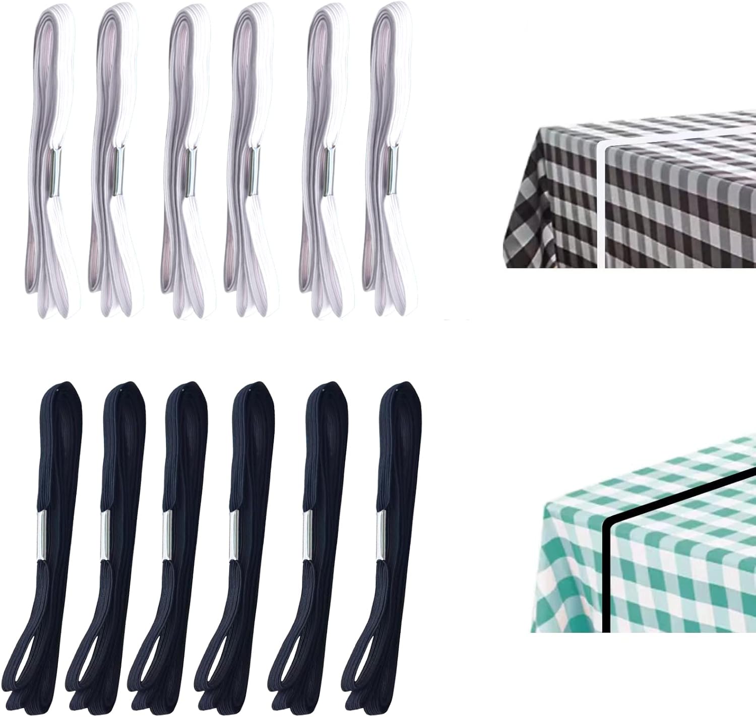 Table Bungees Tablecloth Strap Band Elastic Table Cloth Bands Tablecloth Bungee Cord to Hold Down Table Cloth for Picnic, Camping, Outdoor Tables, Wedding, Parties etc - (White, Black,16 Pieces)