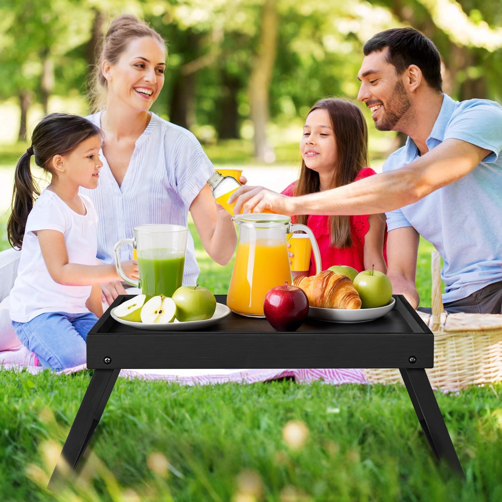 Bamboo Bed Tray Table with Folding Leg, Breakfast for Eating, Kitchen Serving, Food,Sofa, Snacking, Laptop Desk Dinner,2 Pack (Black)