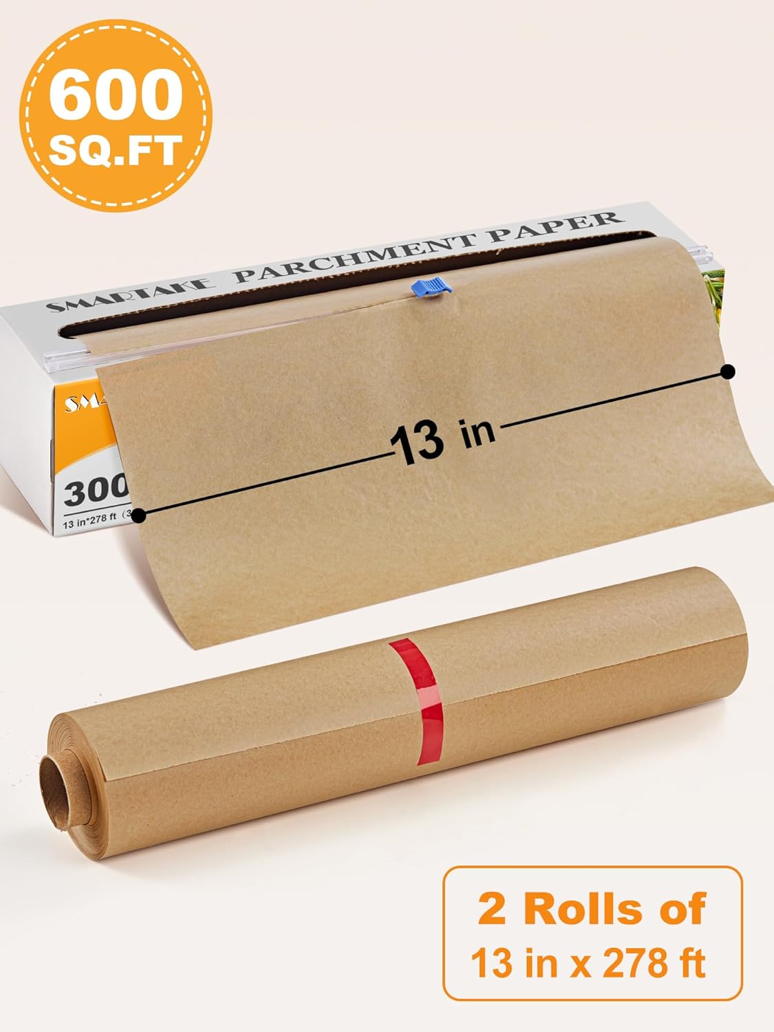 SMARTAKE Parchment Paper Roll for Baking, 2-Pack of 13 in x 278 ft, 600 sq.ft, Non-Stick Baking Paper Sheets with Slide Cutter, Heavy Duty Extra Long, for Kitchen Baking Cooking Grilling, Unbleached